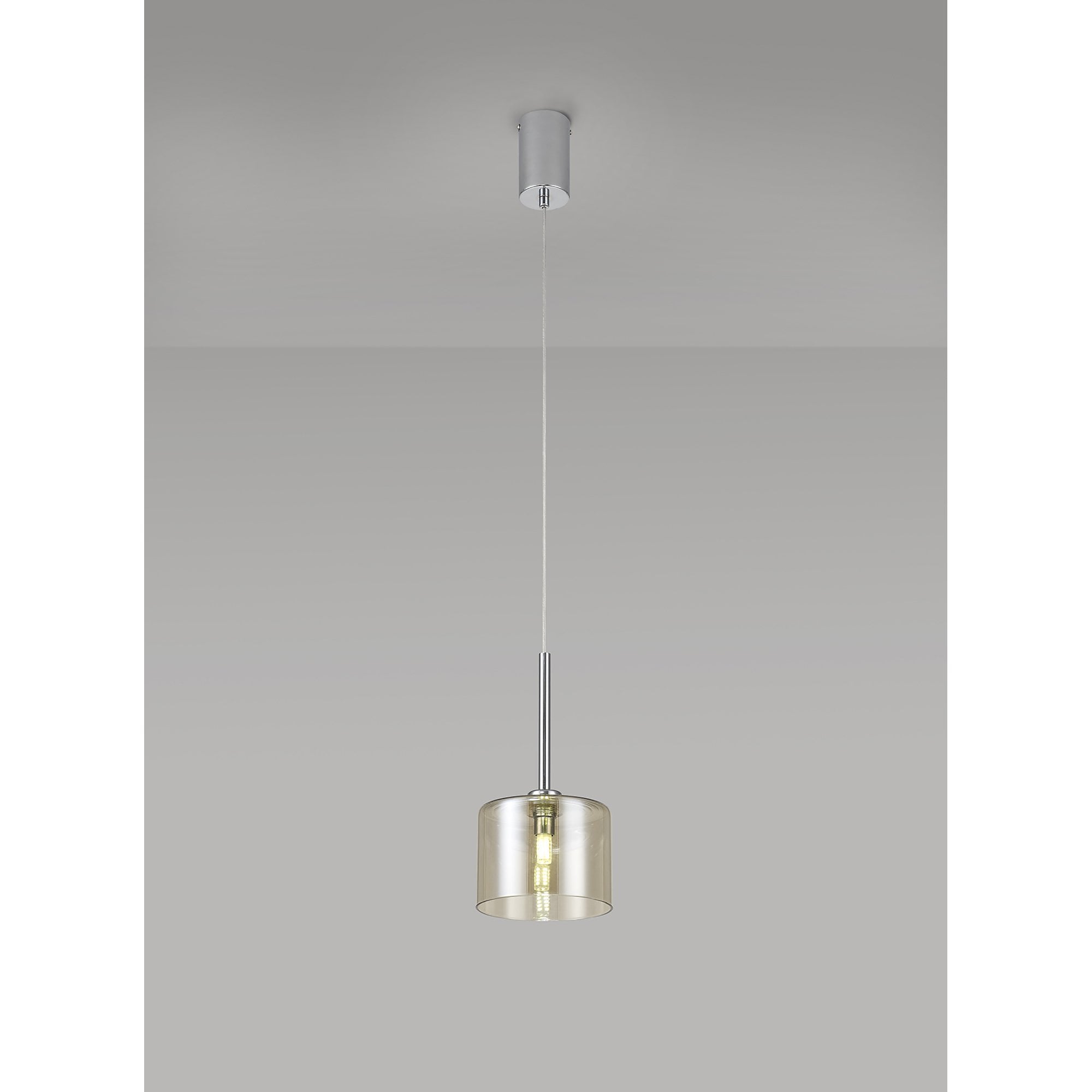 Fabula Tamworth Single Pendant - Short Cylinder Shade - Polished Chrome & Cognac Glass