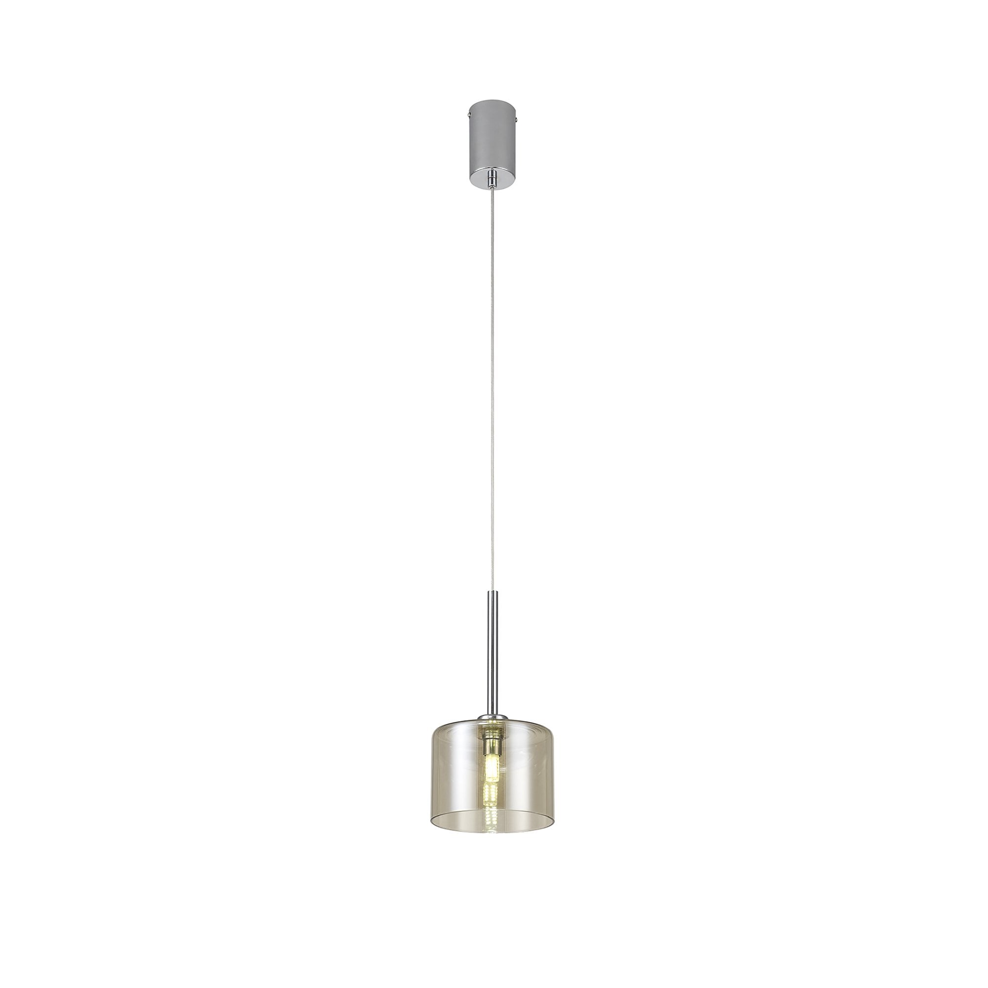 Fabula Tamworth Single Pendant - Short Cylinder Shade - Polished Chrome & Cognac Glass