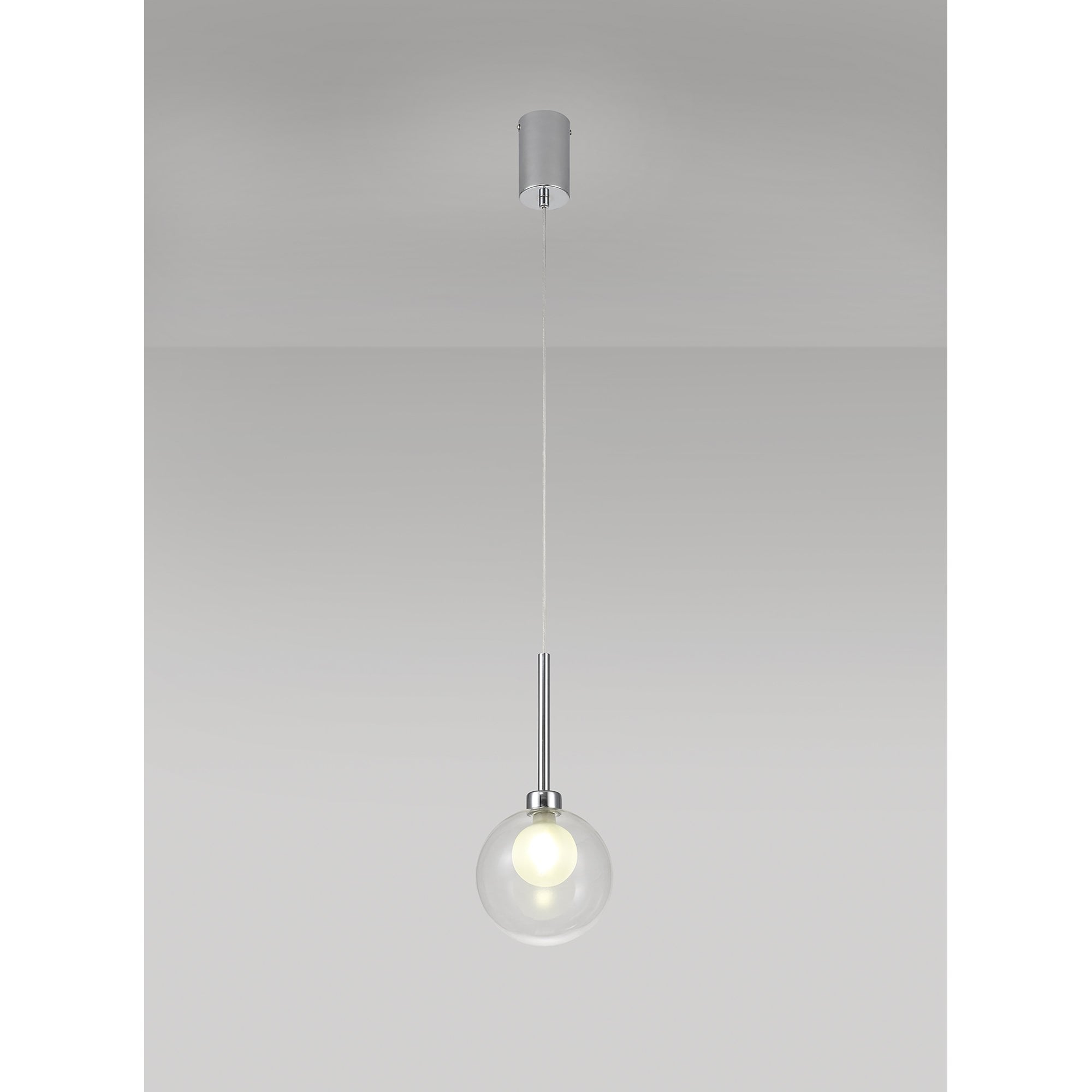 Fabula Tamworth Single Pendant - Round Shade with Inner Frosted Globe - Polished Chrome, Clear & Frosted Glass