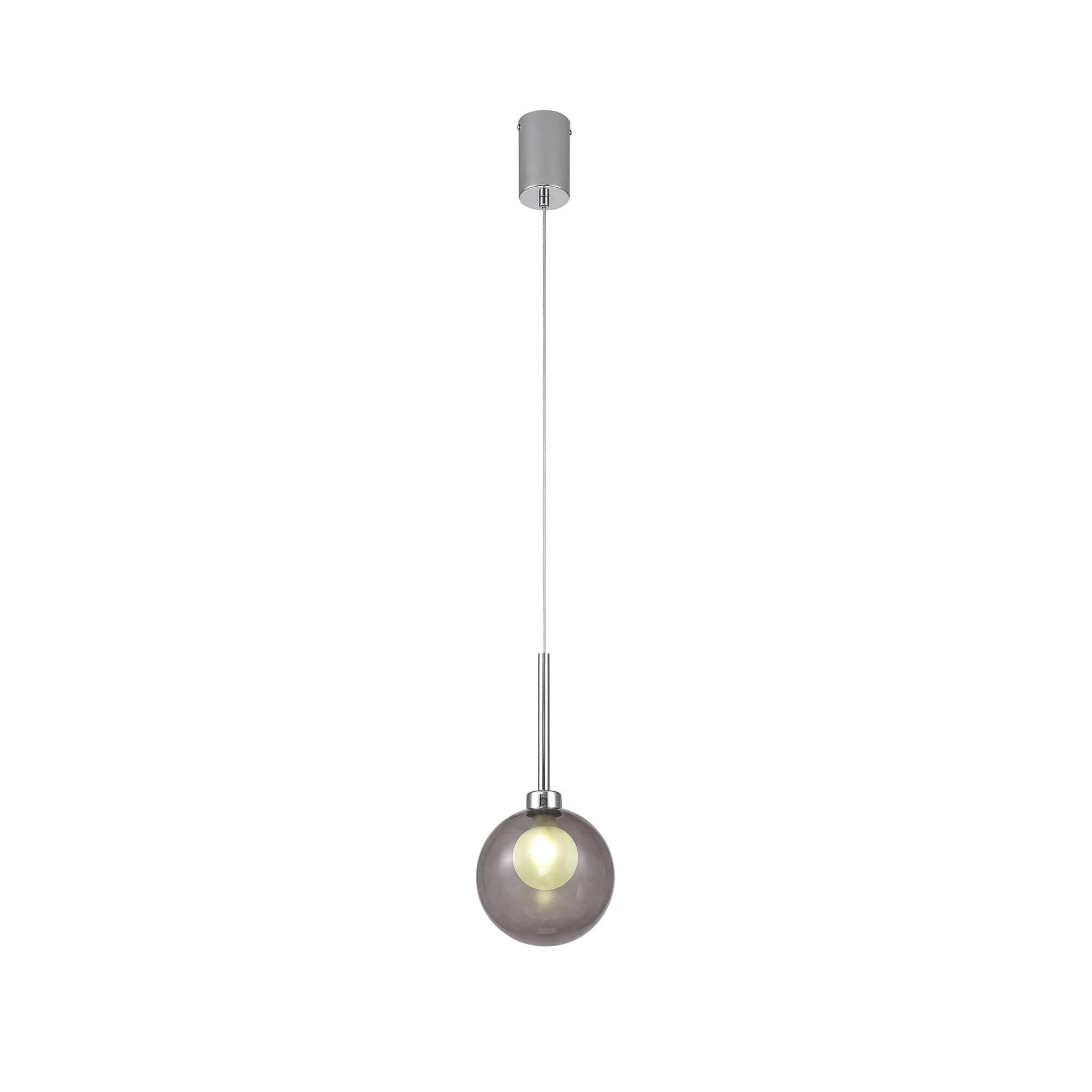 Fabula Tamworth Single Pendant - Round Shade with Inner Frosted Globe - Polished Chrome, Smoked & Frosted Glass