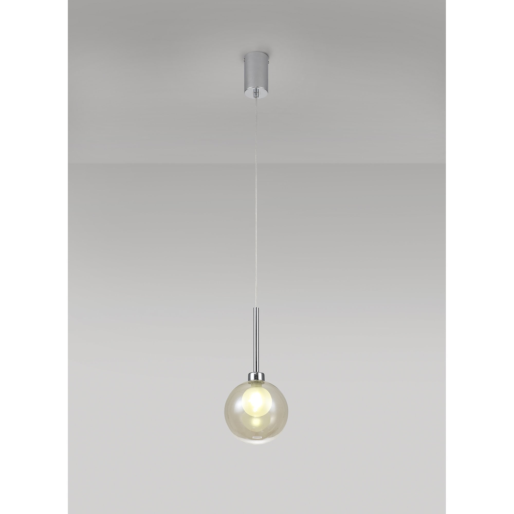 Fabula Tamworth Single Pendant - Round Shade with Inner Frosted Globe - Polished Chrome, Cognac & Frosted Glass