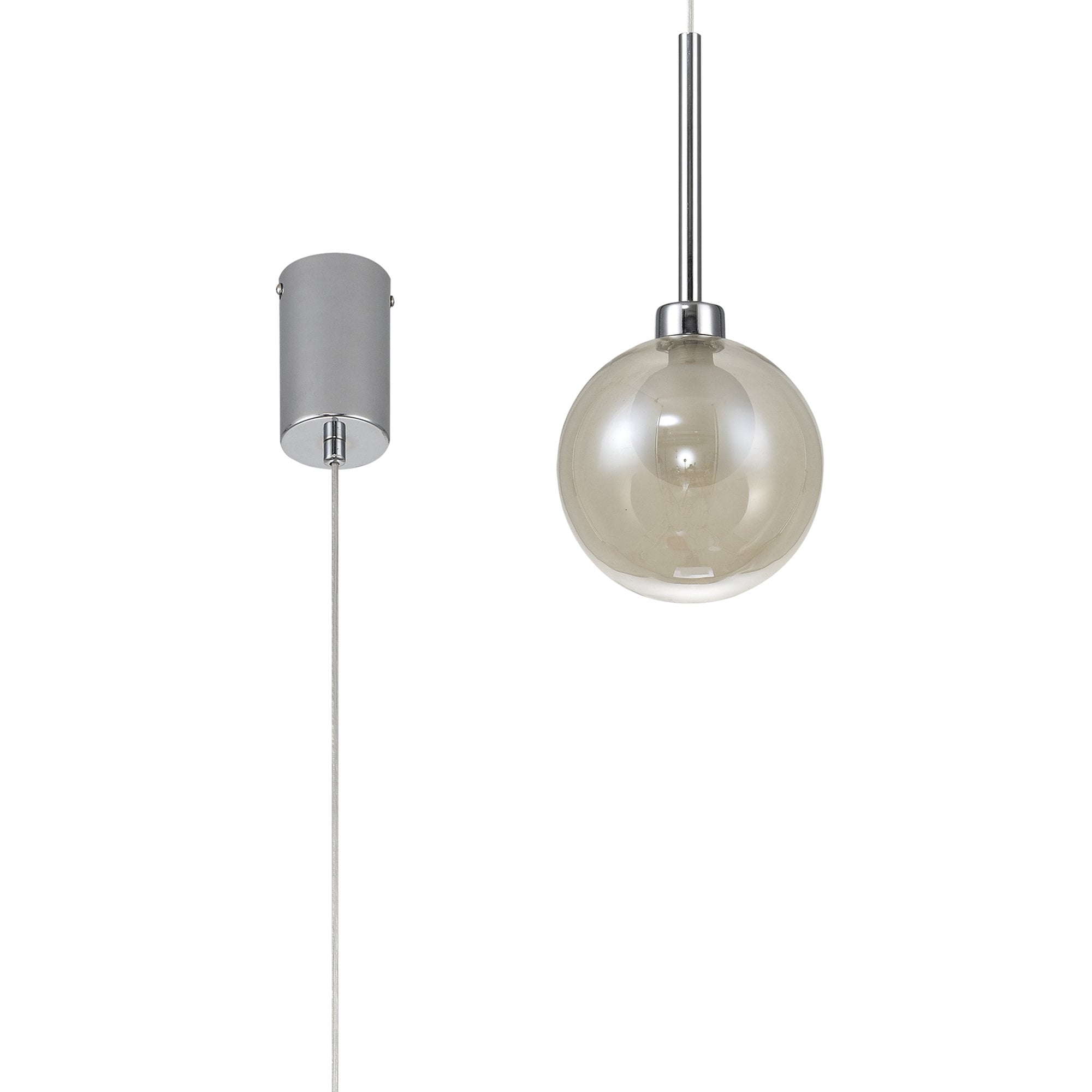 Fabula Tamworth Single Pendant - Round Shade with Inner Frosted Globe - Polished Chrome, Cognac & Frosted Glass