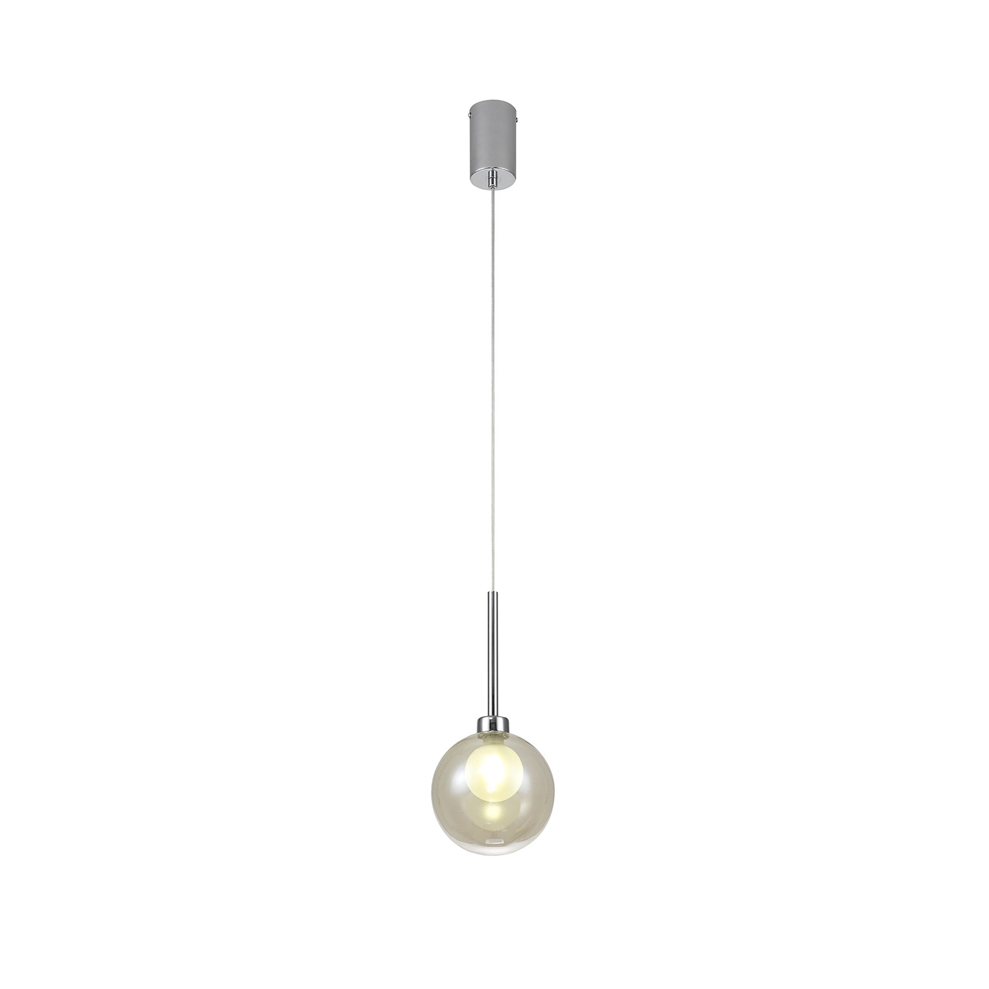 Fabula Tamworth Single Pendant - Round Shade with Inner Frosted Globe - Polished Chrome, Cognac & Frosted Glass