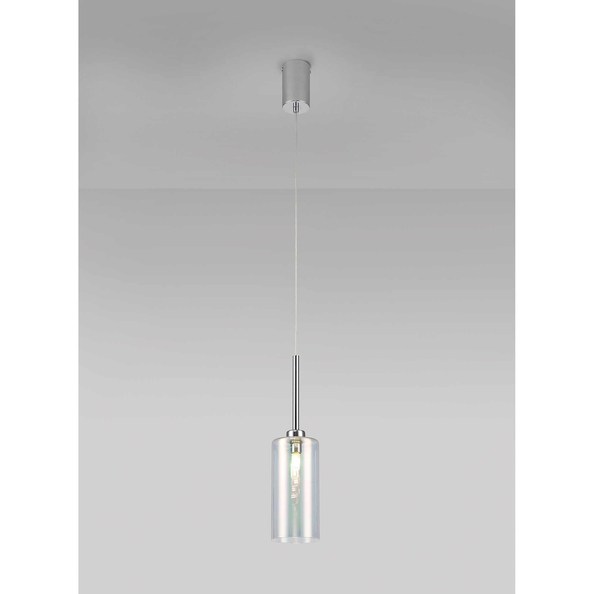 Fabula Tamworth Single Pendant - Tall Cylinder Shade - Polished Chrome & Iridescent Glass
