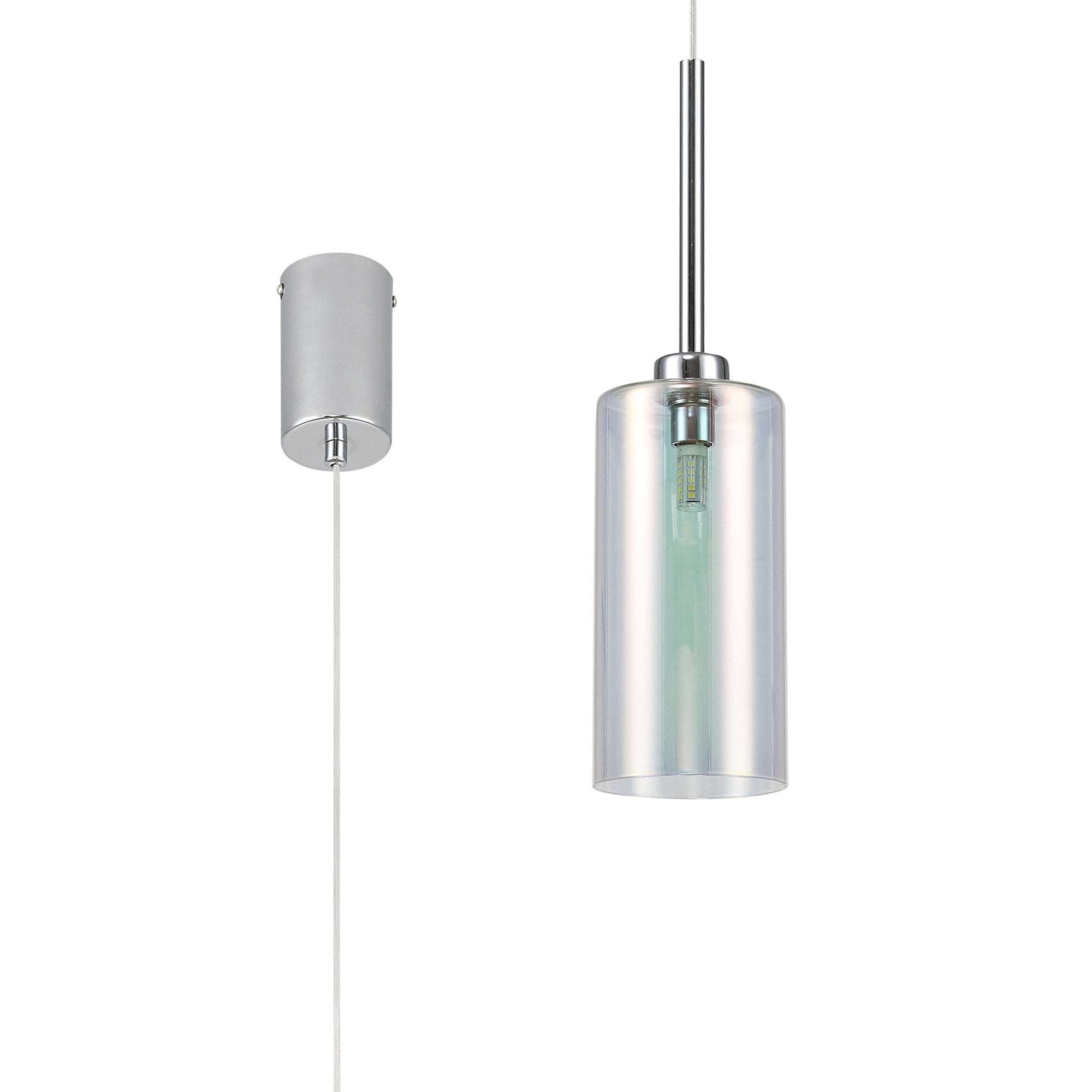 Fabula Tamworth Single Pendant - Tall Cylinder Shade - Polished Chrome & Iridescent Glass