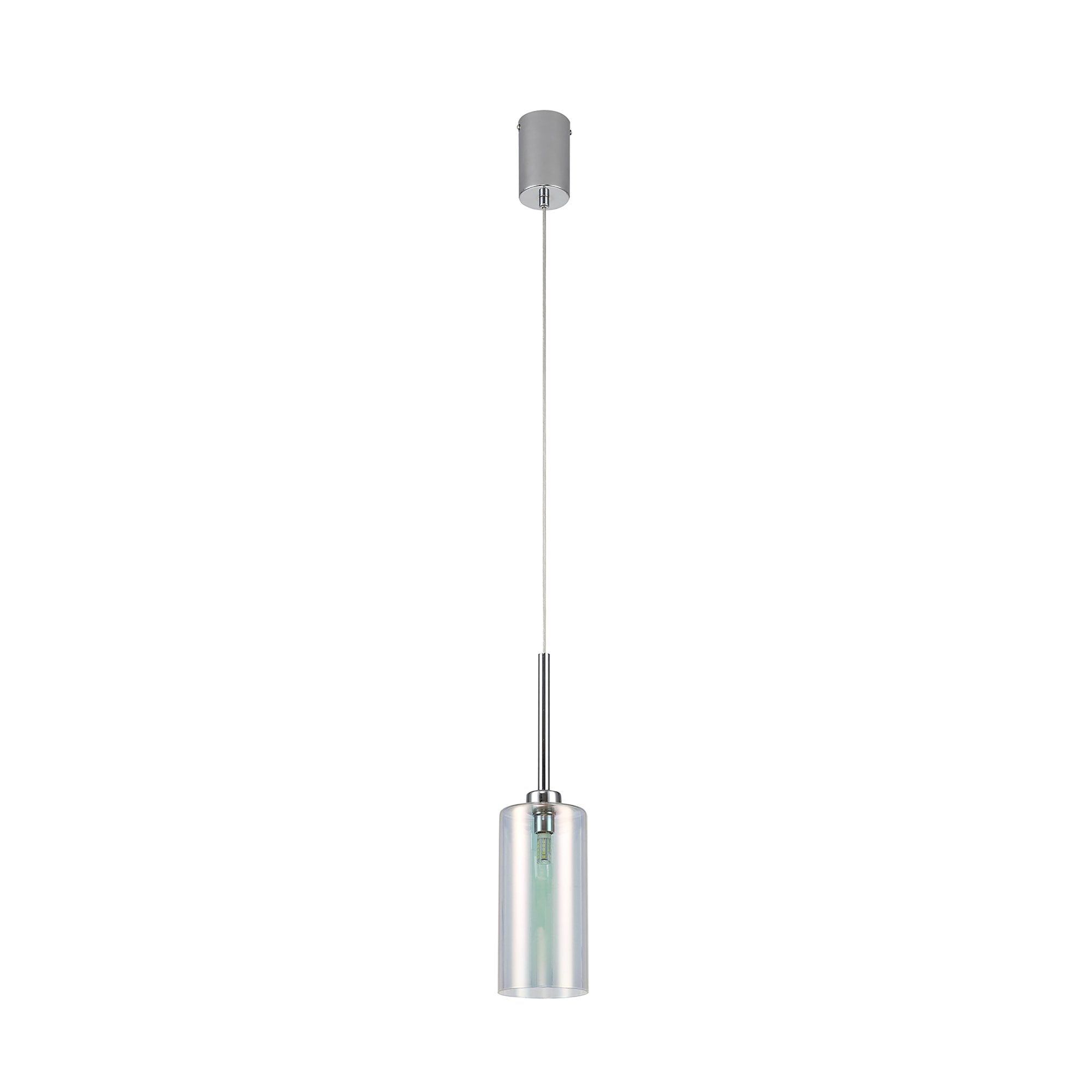 Fabula Tamworth Single Pendant - Tall Cylinder Shade - Polished Chrome & Iridescent Glass