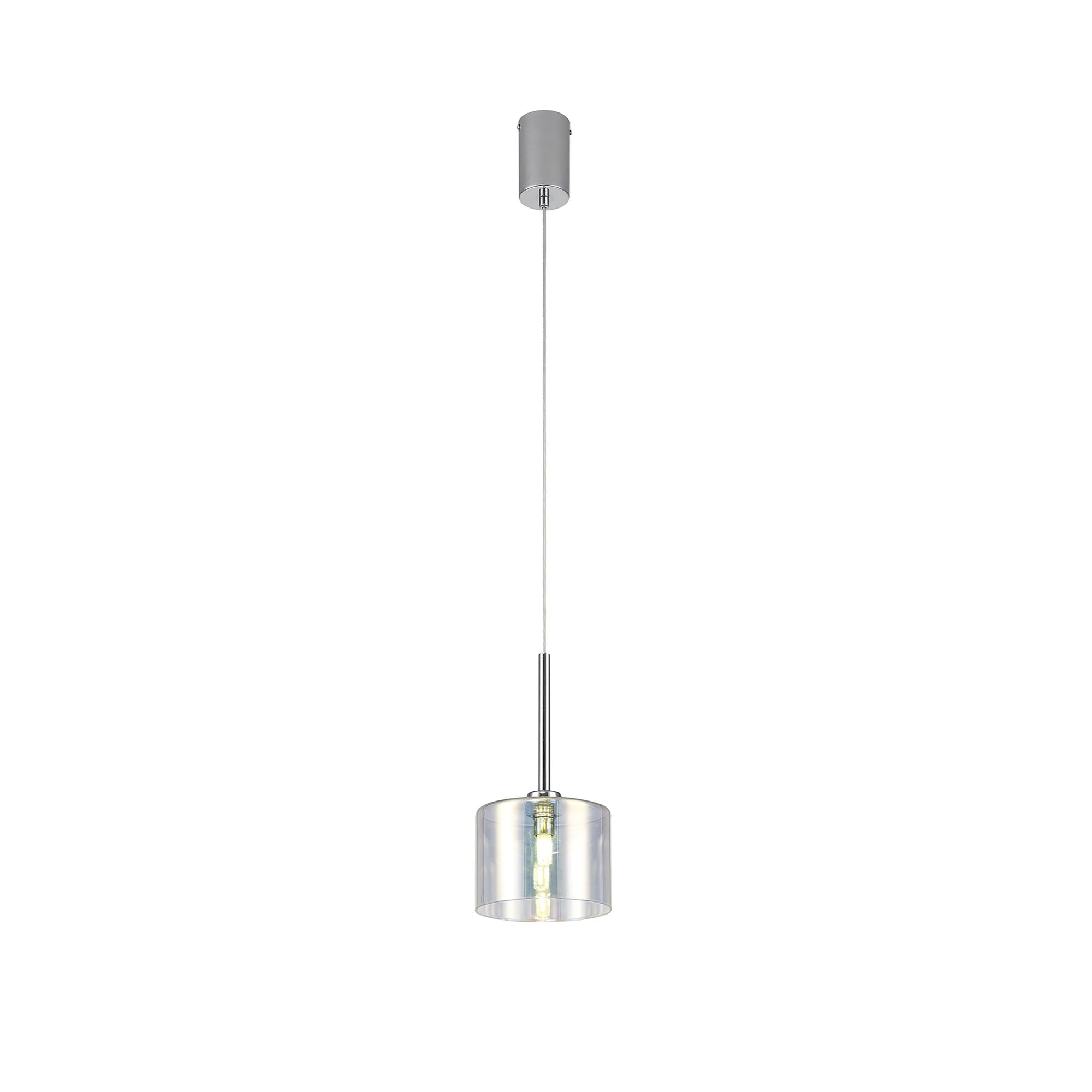Fabula Tamworth Single Pendant - Short Cylinder Shade - Polished Chrome & Iridescent Glass