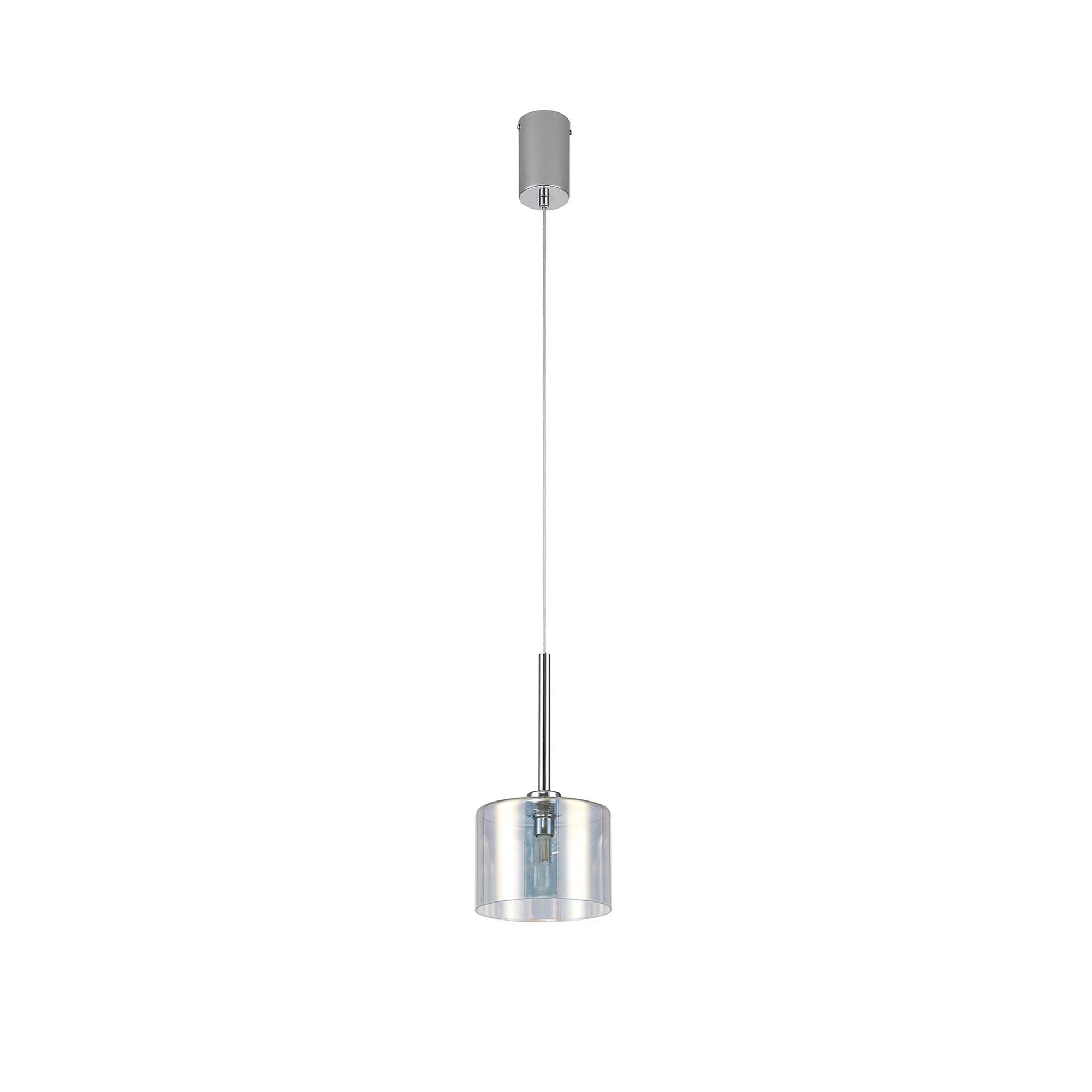 Fabula Tamworth Single Pendant - Short Cylinder Shade - Polished Chrome & Iridescent Glass