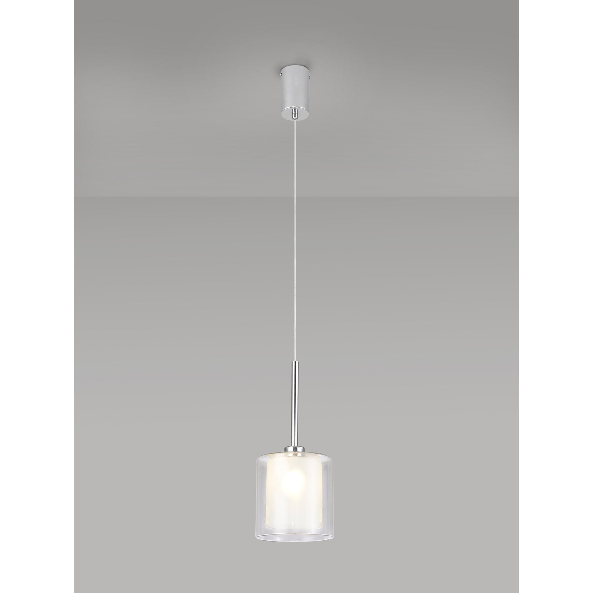 Fabula Tamworth Single Pendant - Medium Cylinder Shade with Clear Outer - Polished Chrome, Frosted & Clear Glass