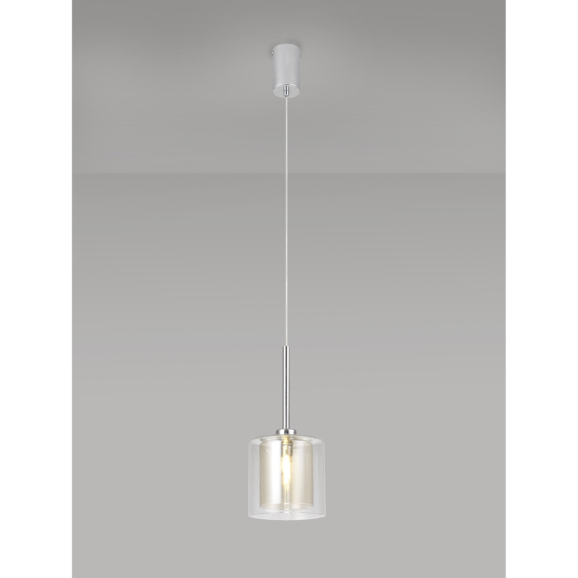 Fabula Tamworth Single Pendant - Medium Cylinder Shade with Clear Outer - Polished Chrome, Cognac & Clear Glass