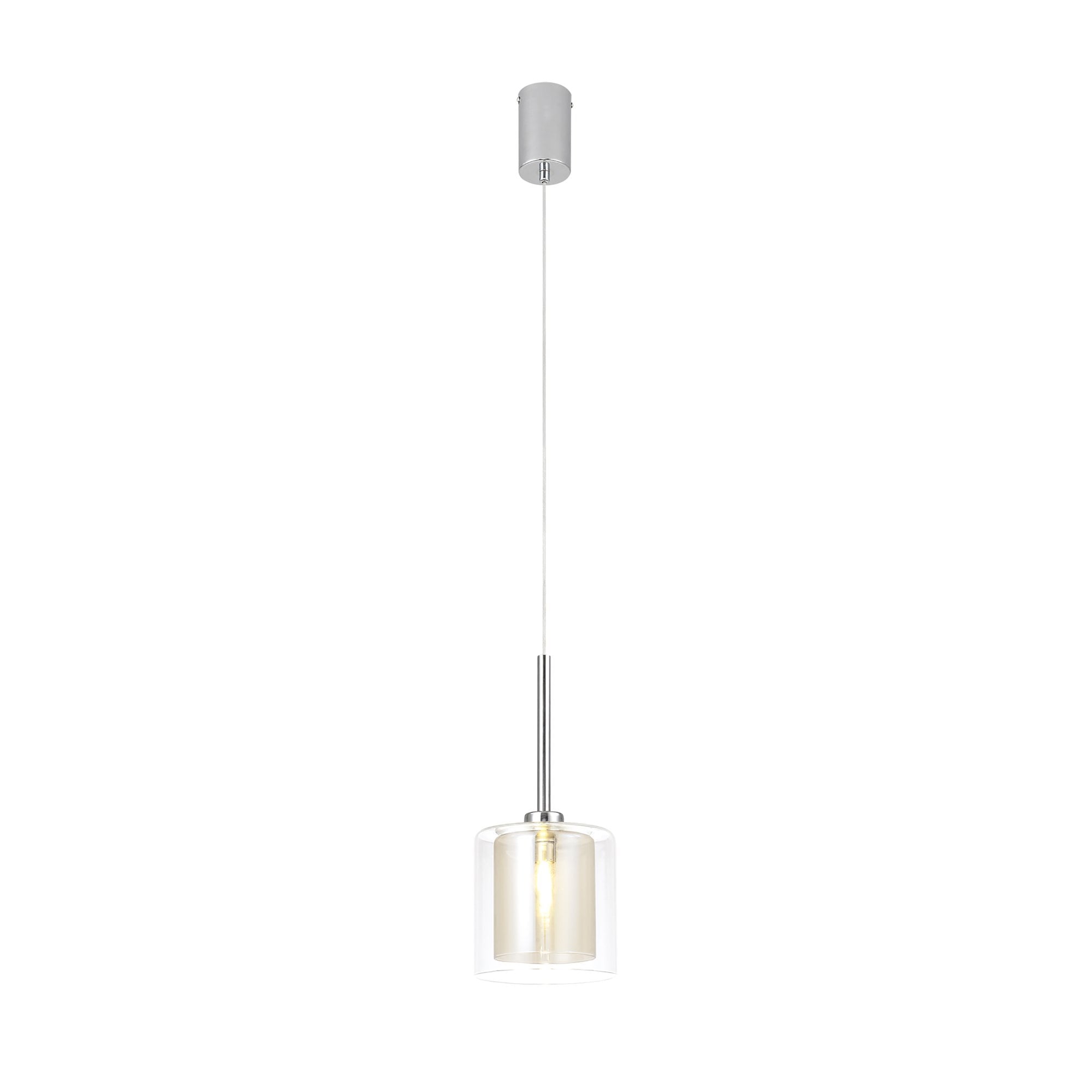 Fabula Tamworth Single Pendant - Medium Cylinder Shade with Clear Outer - Polished Chrome, Cognac & Clear Glass