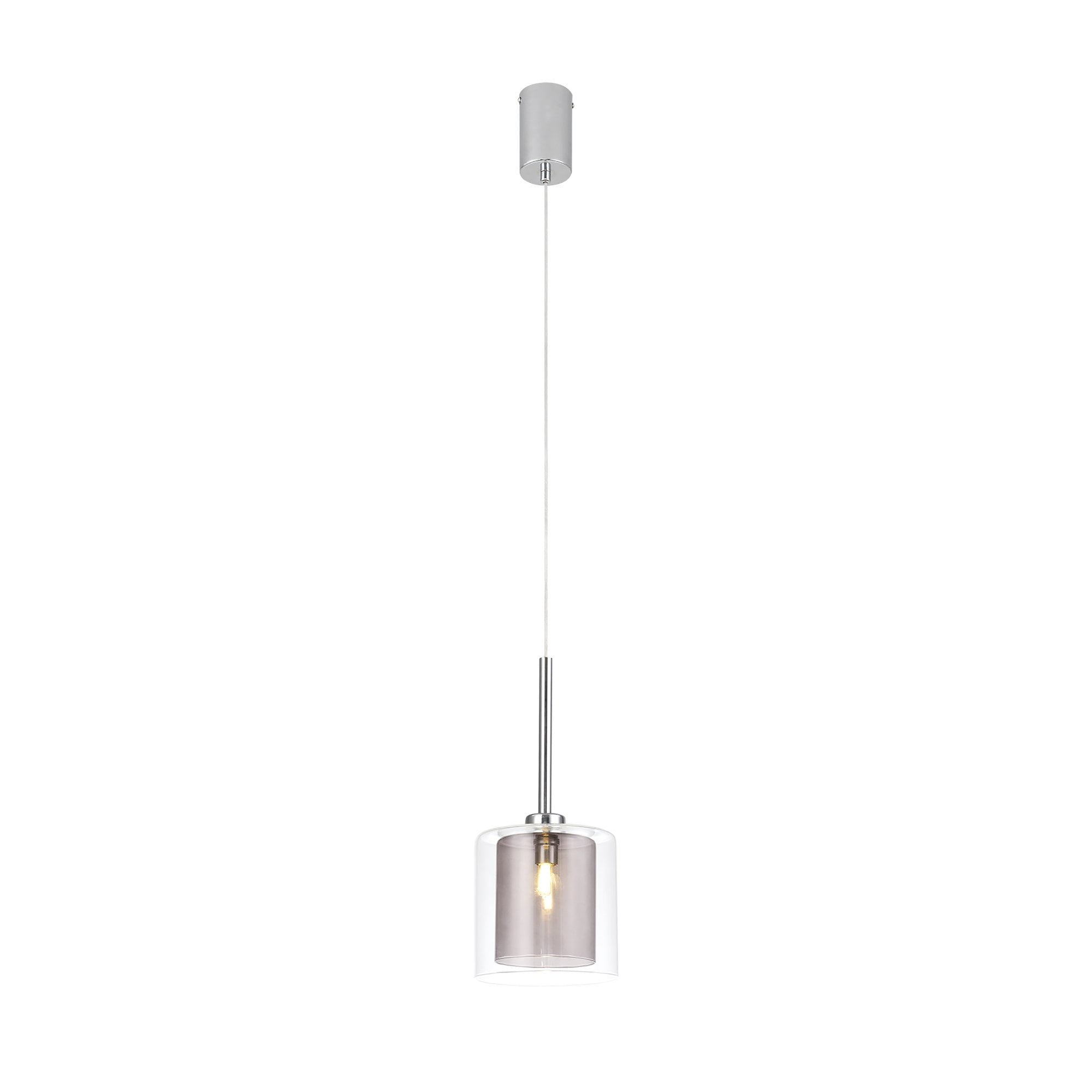 Fabula Tamworth Single Pendant - Medium Cylinder Shade with Clear Outer - Polished Chrome, Smoked & Clear Glass