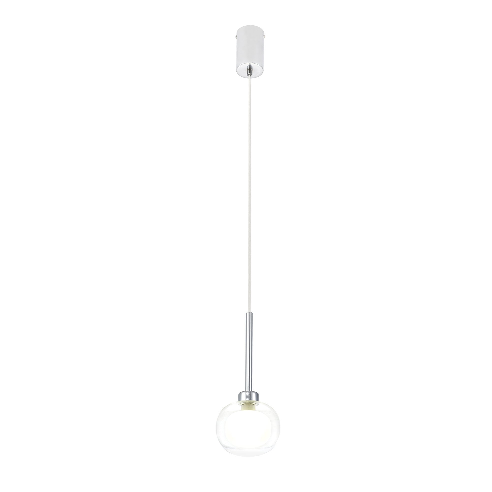 Fabula Tamworth Single Pendant - Flattened Round Shade with Inner Frosted Globe - Polished Chrome, Clear & Frosted Glass