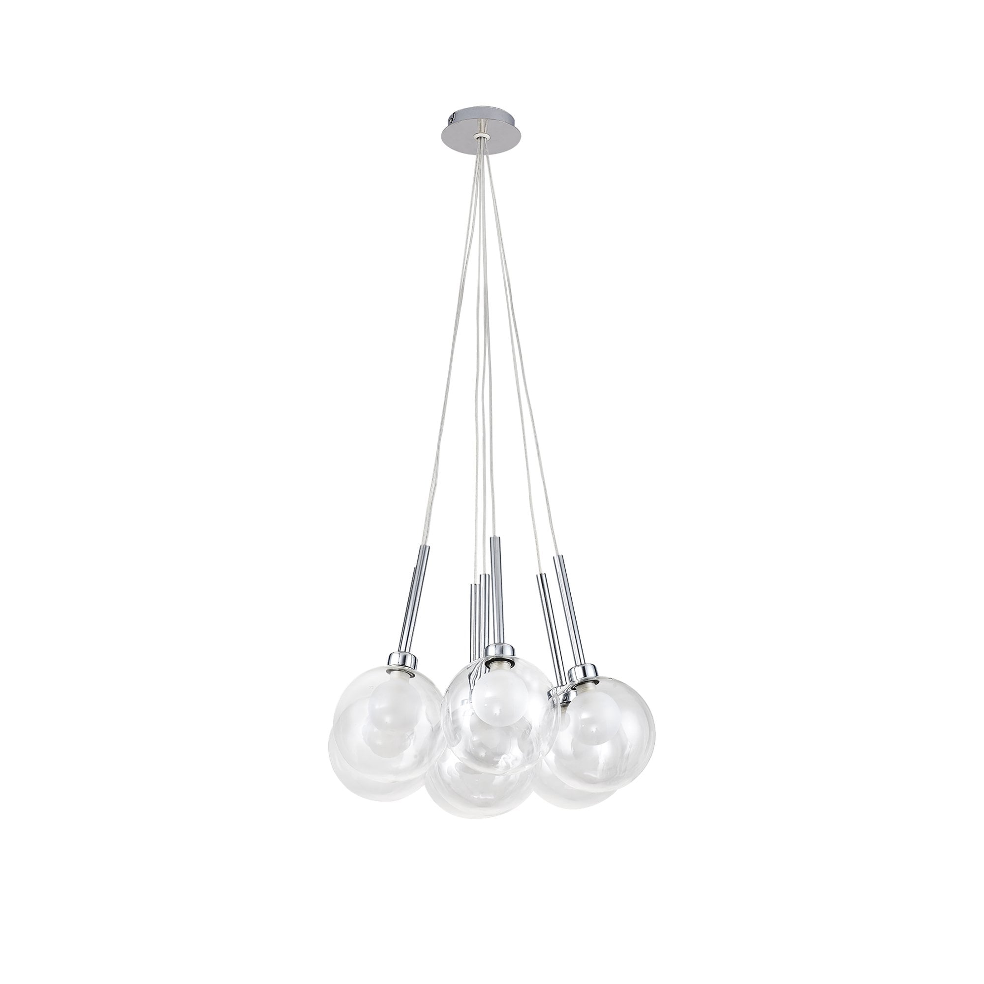 Fabula Tamworth 7 Light Cluster Pendant - Round Shades with Inner Frosted Globes - Polished Chrome, Clear & Frosted Glass