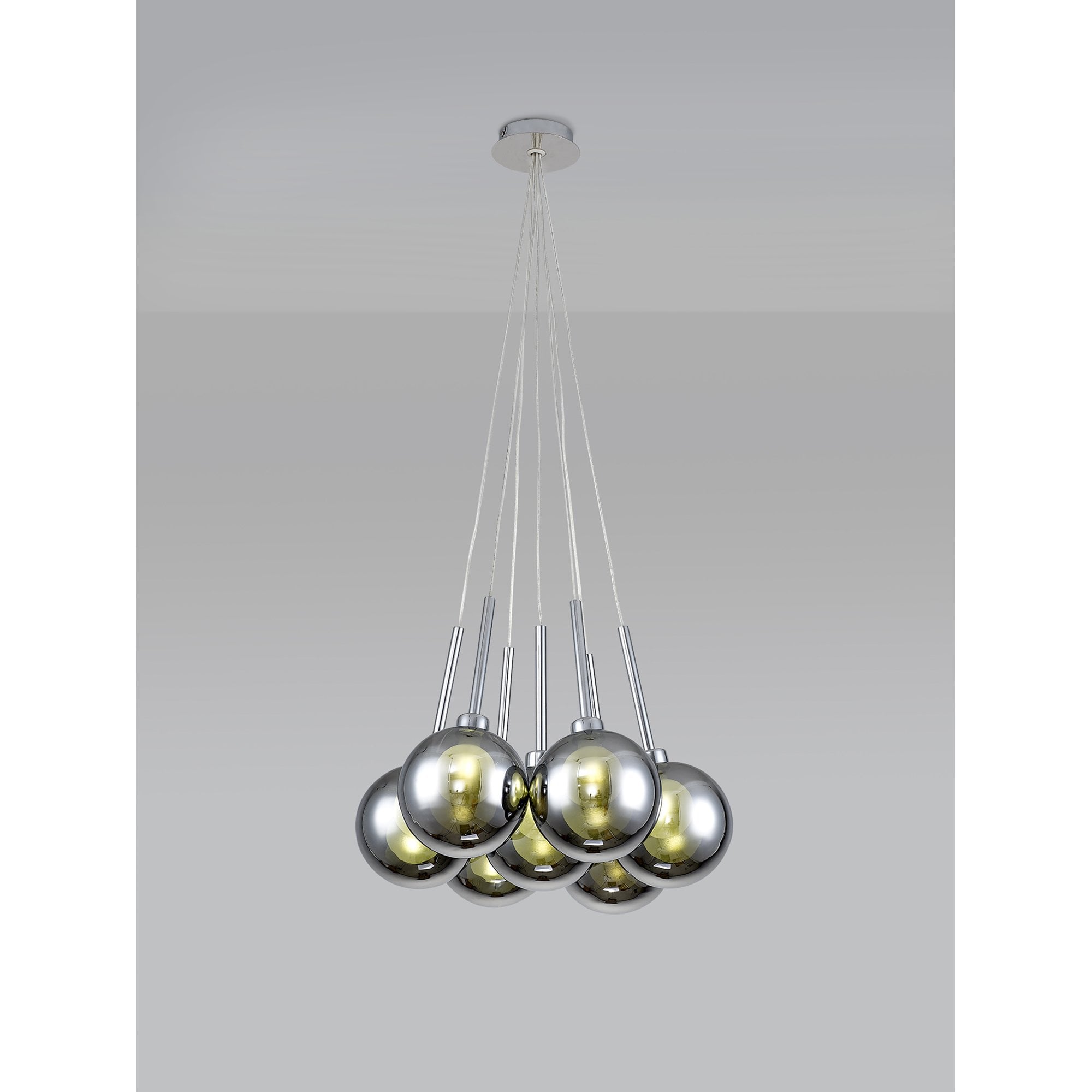 Fabula Tamworth 7 Light Cluster Pendant - Round Shades with Inner Frosted Globes - Polished Chrome, Chrome & Frosted Glass