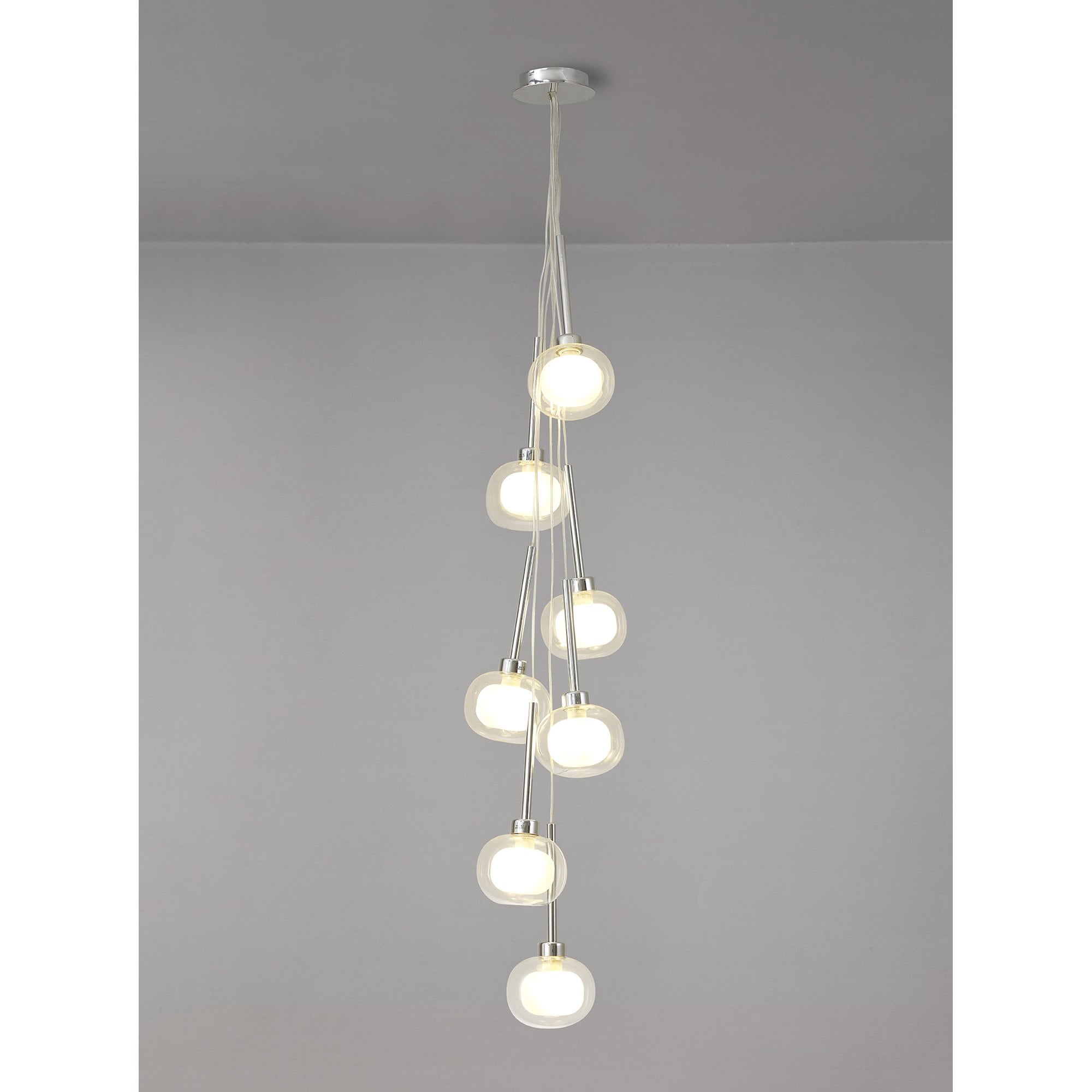 Fabula Tamworth 7 Light Cluster Pendant - Flattened Round Shades with Inner Frosted Globes - Polished Chrome, Clear & Frosted Glass