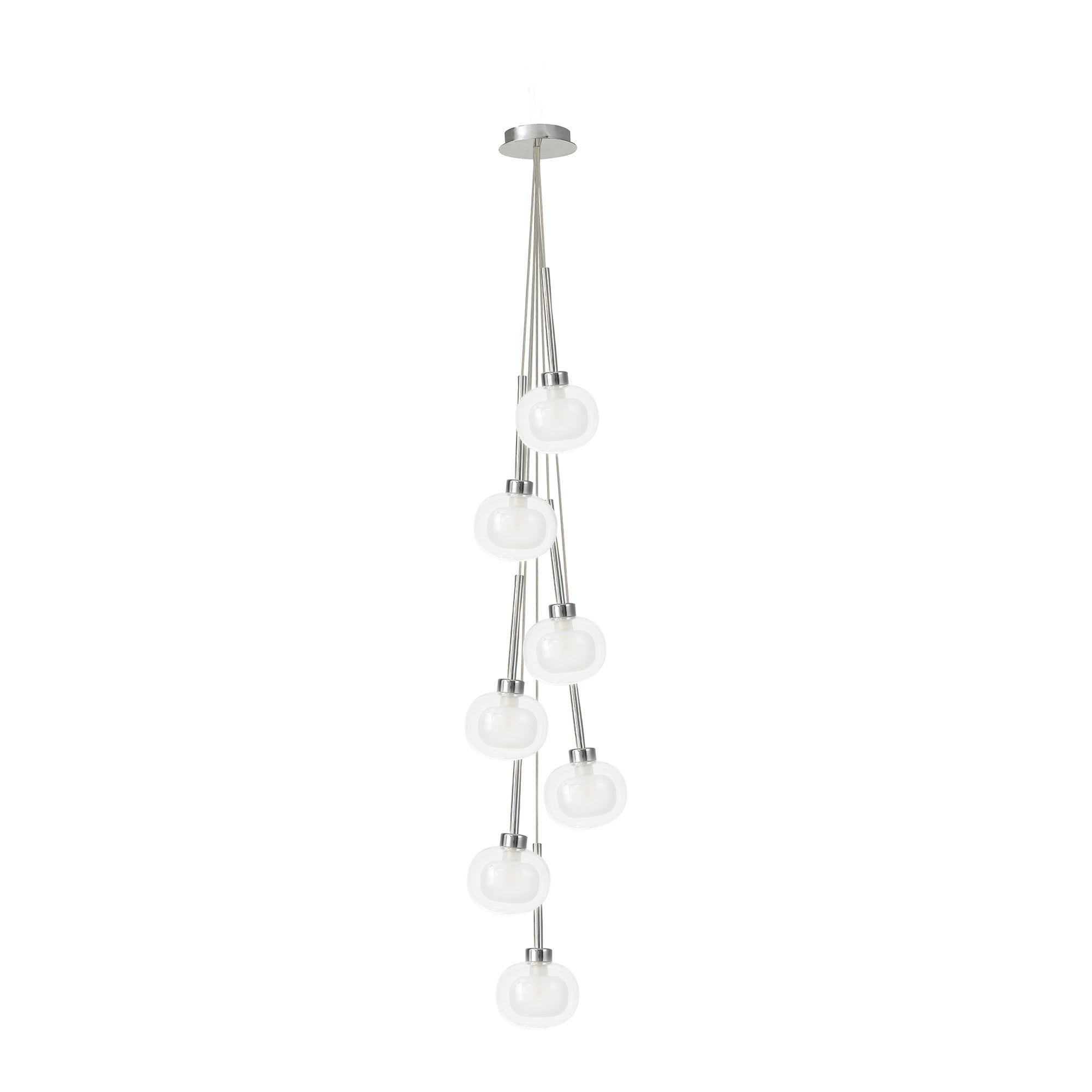Fabula Tamworth 7 Light Cluster Pendant - Flattened Round Shades with Inner Frosted Globes - Polished Chrome, Clear & Frosted Glass