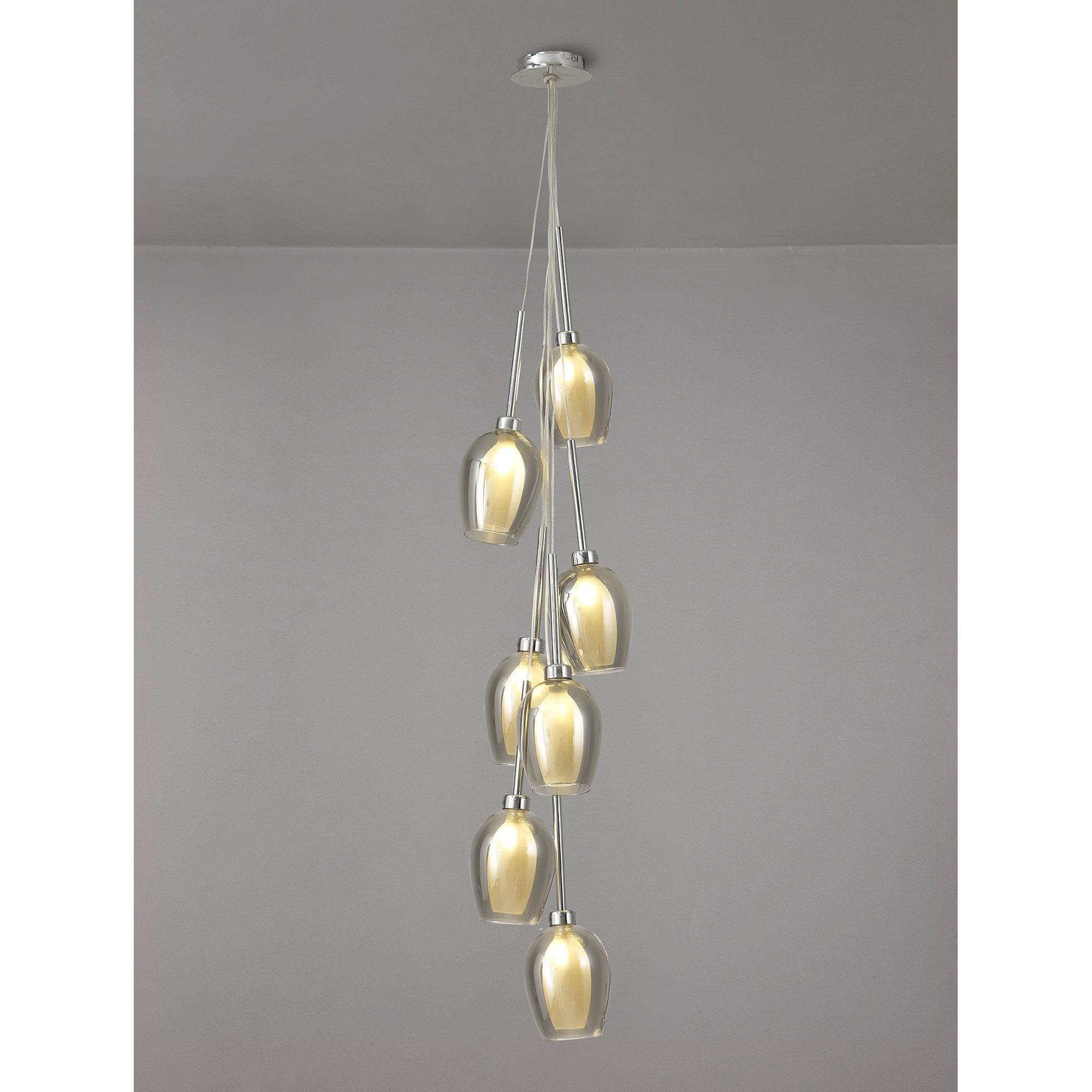 Fabula Tamworth 7 Light Cluster Pendant - Wine Glass Shades with Inner Frosted Glass - Polished Chrome, Smoked & Frosted Glass