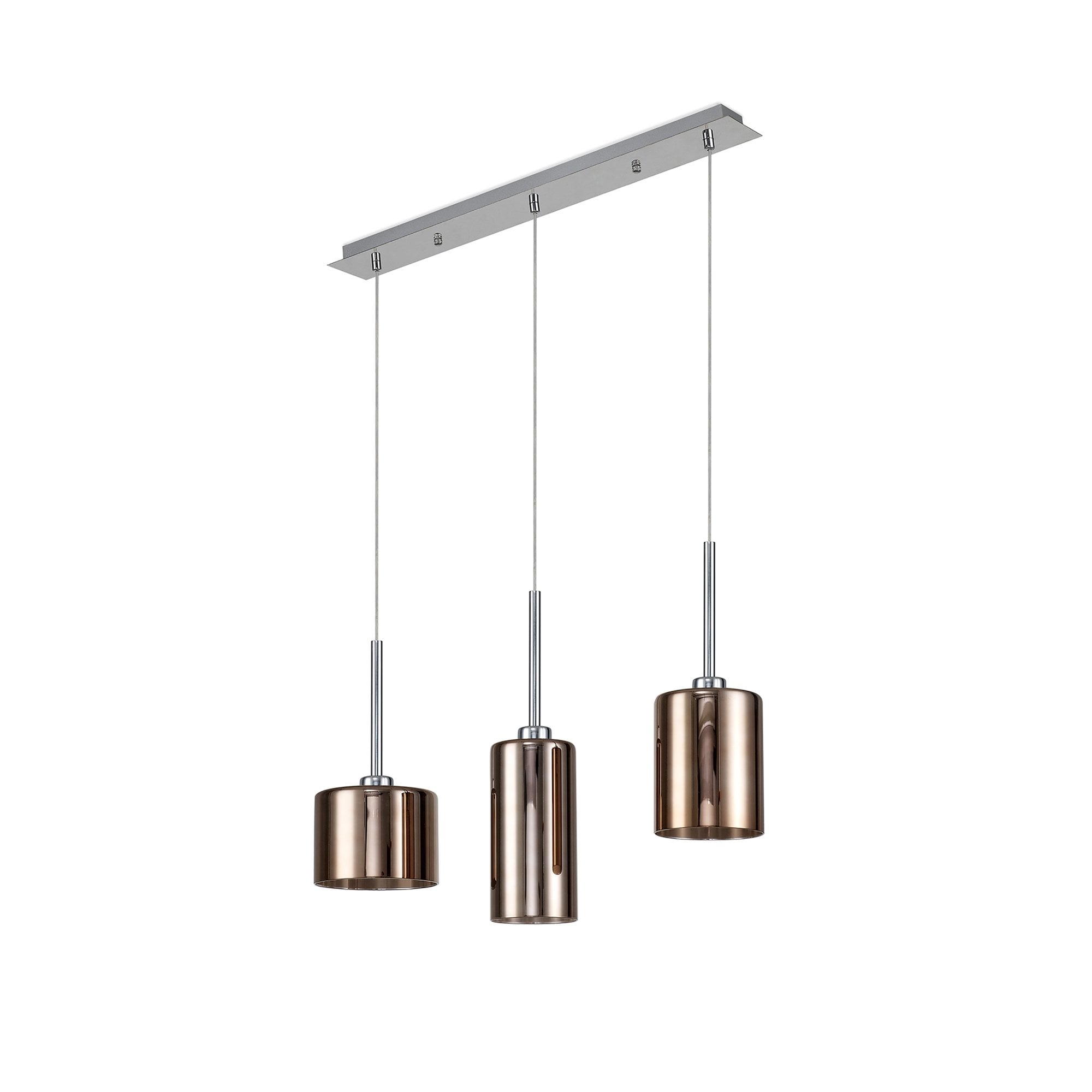 Fabula Tamworth 3 Light Linear Pendant - Mixed Cylinder Shades - Polished Chrome & Copper Glass