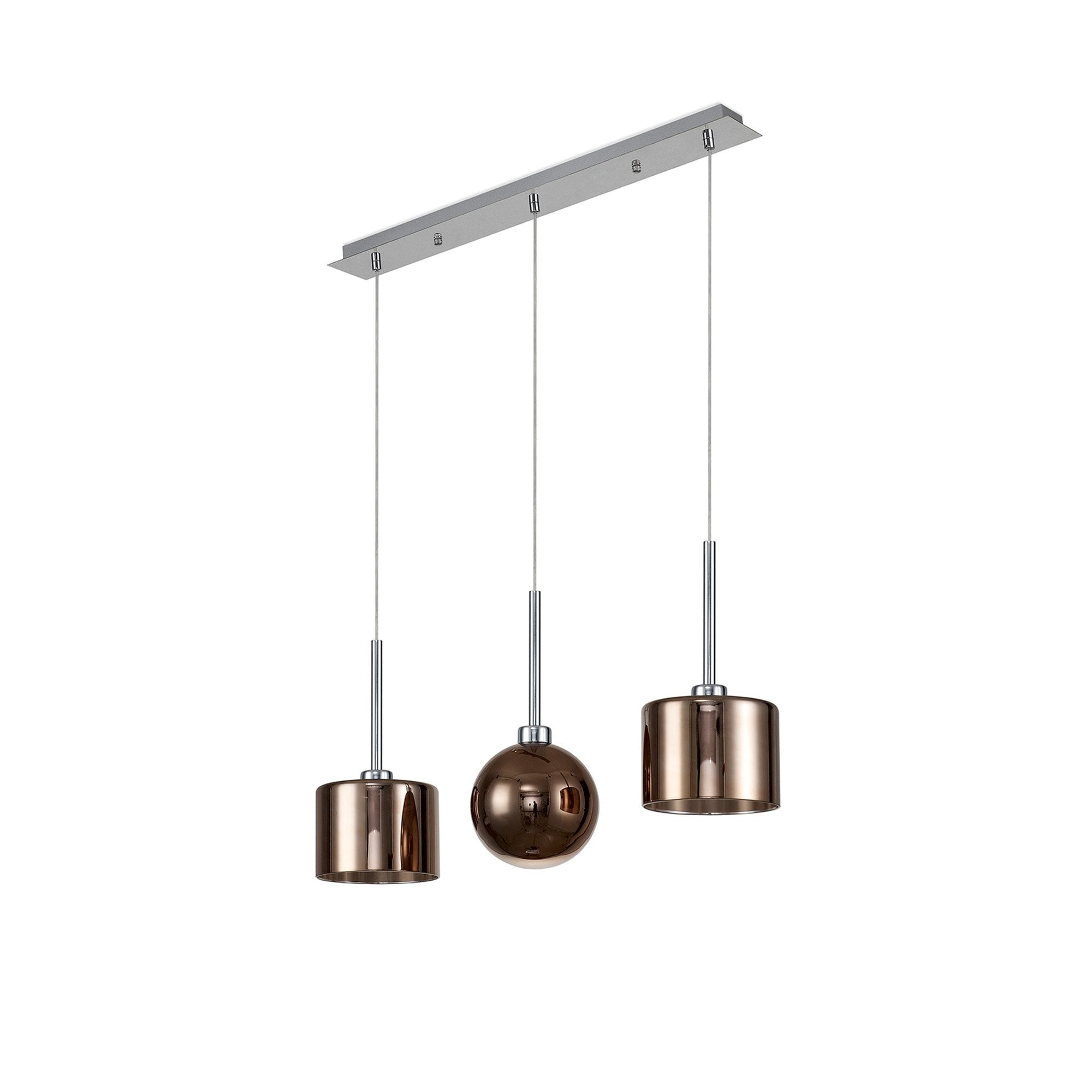 Fabula Tamworth 3 Light Linear Pendant - Mixed Shades C - Polished Chrome, Copper & Frosted Glass