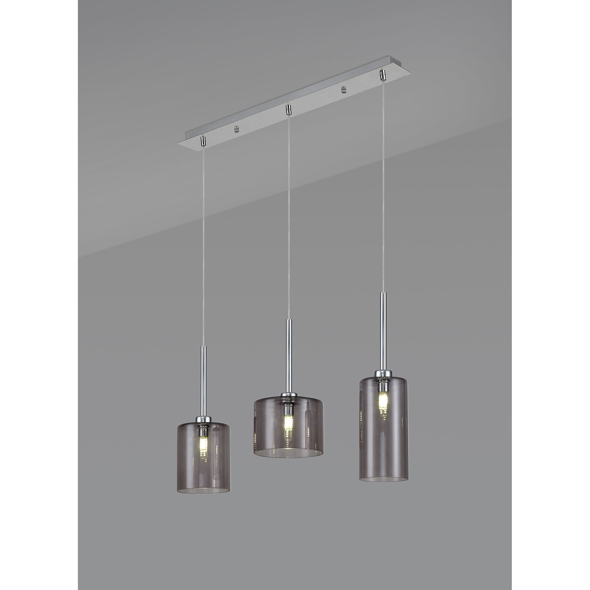 Fabula Tamworth 3 Light Linear Pendant - Mixed Cylinder Shades - Polished Chrome & Smoked Glass