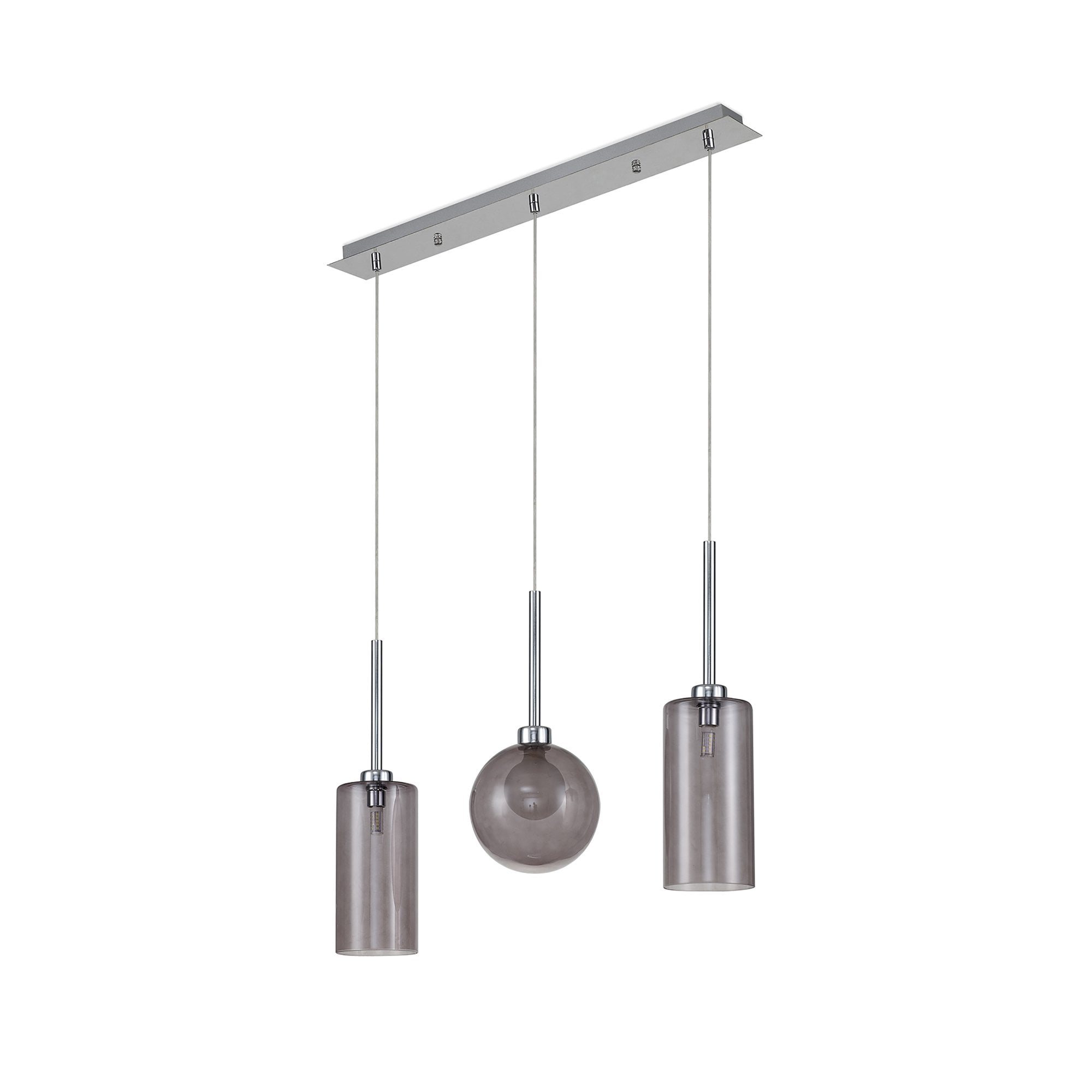 Fabula Tamworth 3 Light Linear Pendant - Mixed Shades A - Polished Chrome, Smoked & Frosted Glass