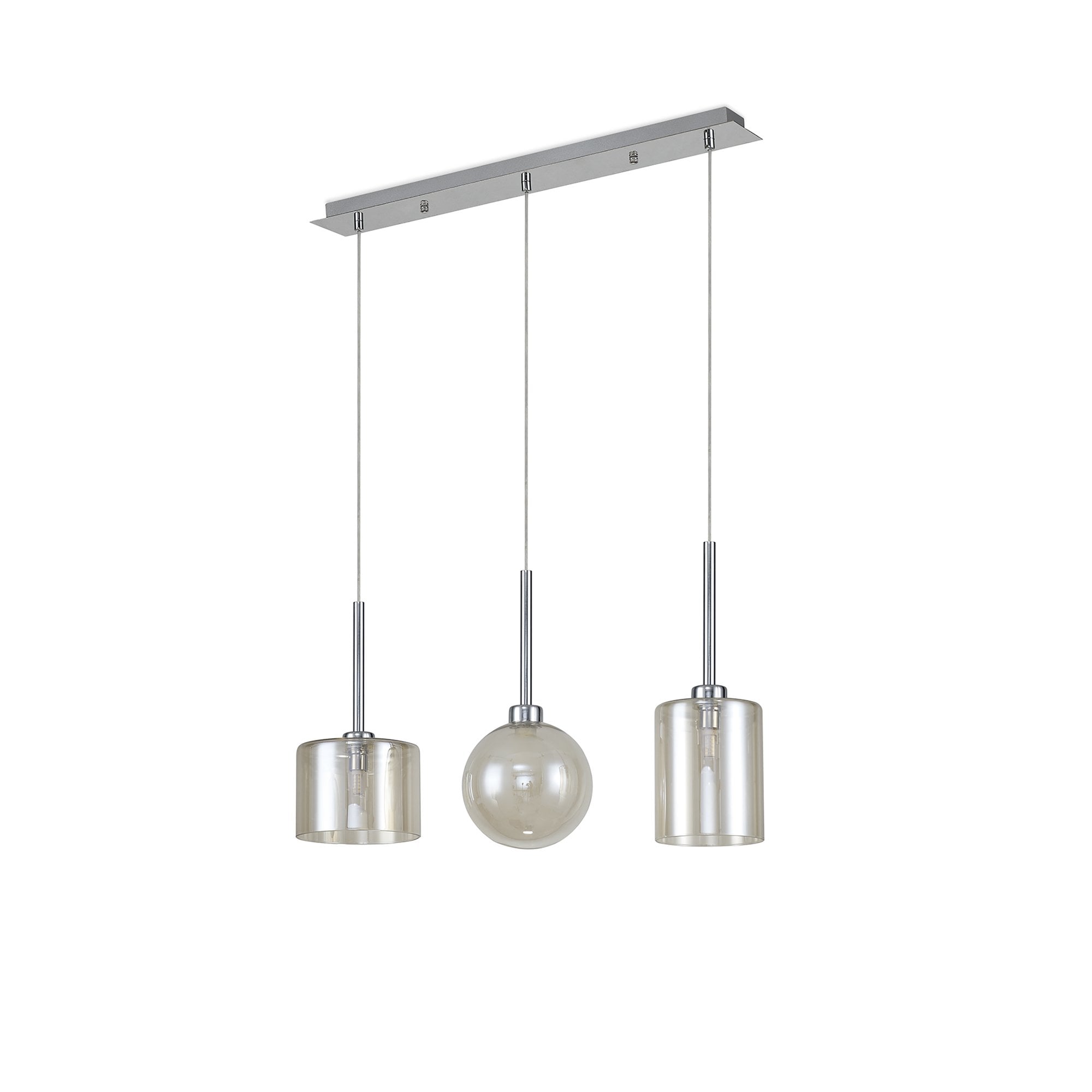 Fabula Tamworth 3 Light Linear Pendant - Mixed Shades F - Polished Chrome, Cognac & Frosted Glass