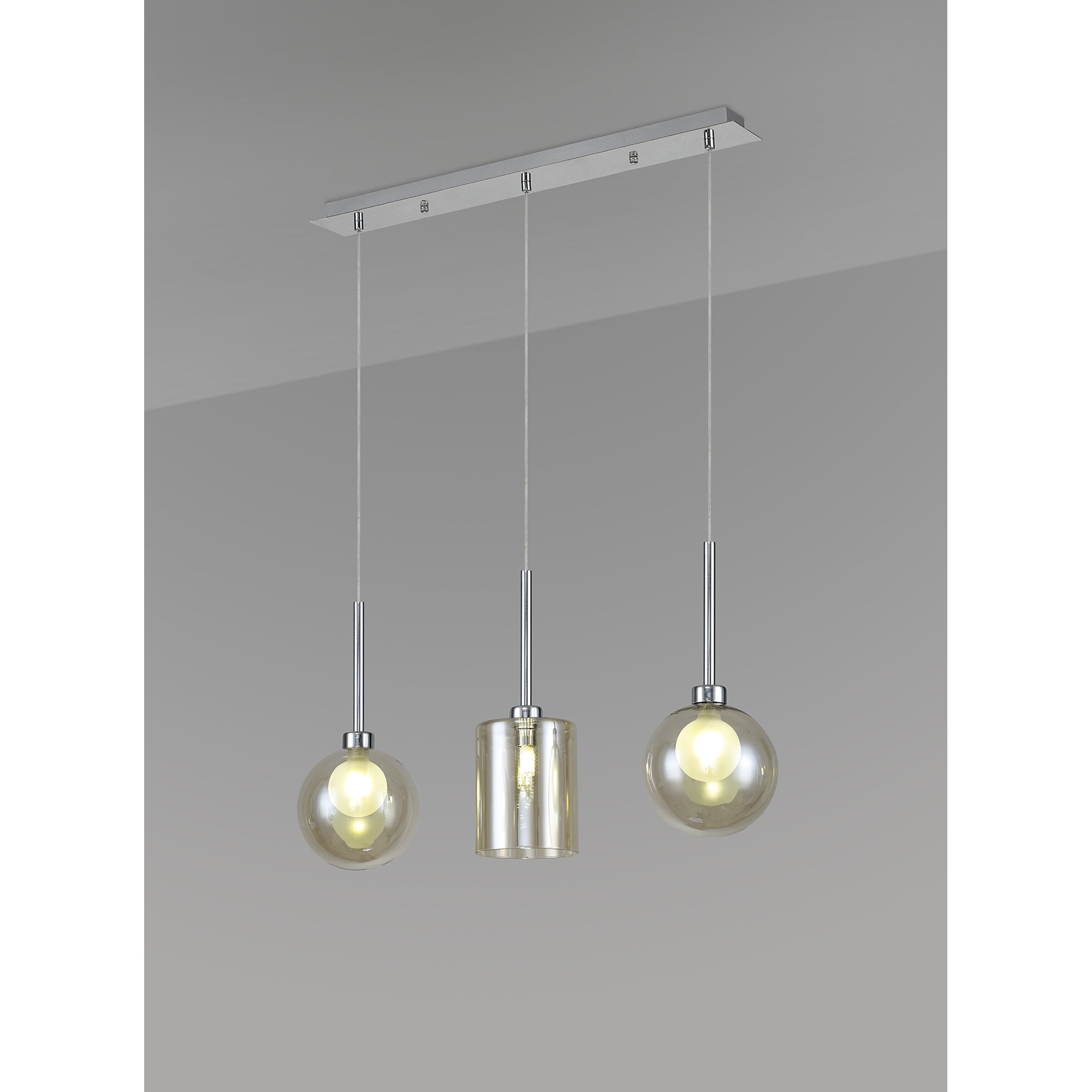 Fabula Tamworth 3 Light Linear Pendant - Mixed Shades C - Polished Chrome, Cognac & Frosted Glass