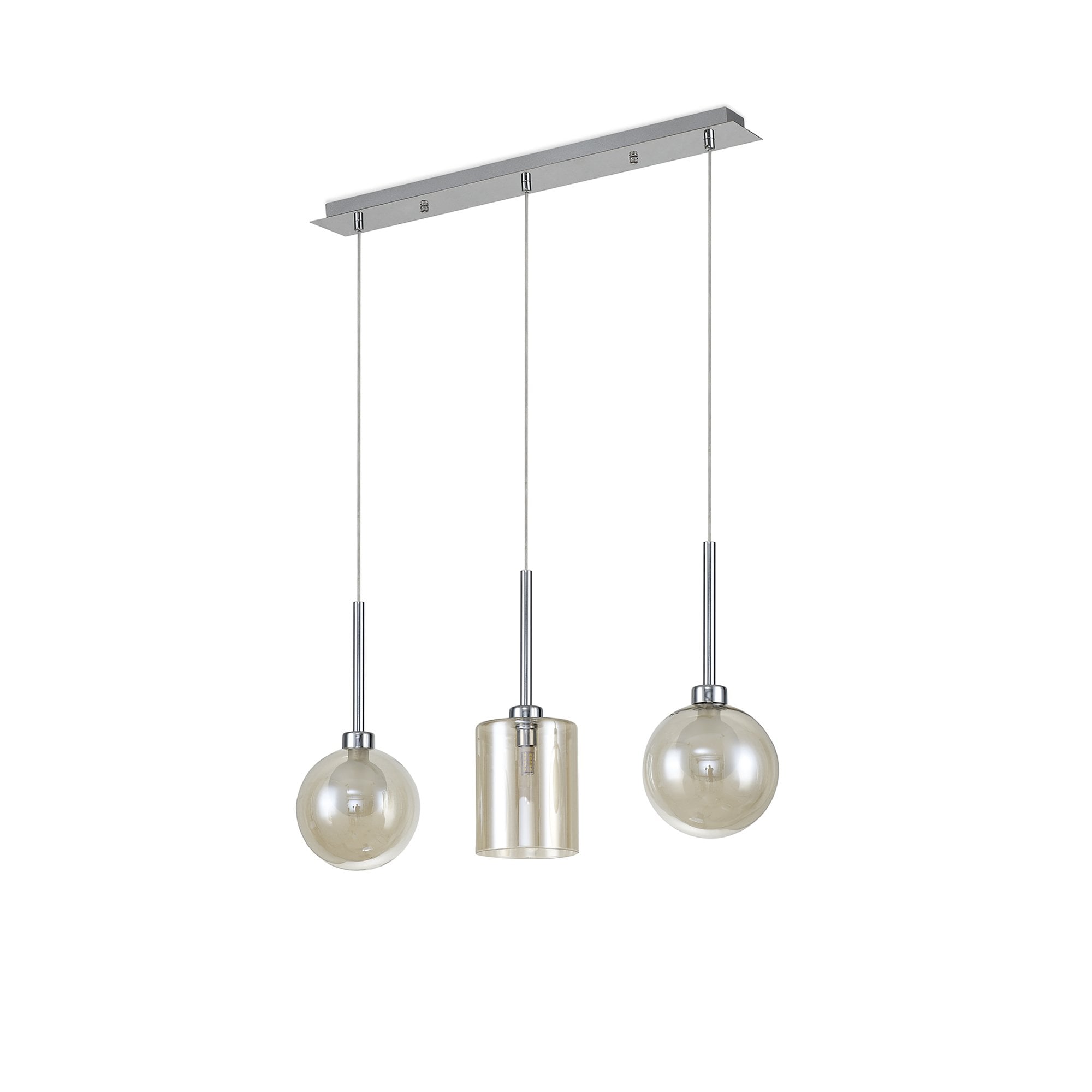 Fabula Tamworth 3 Light Linear Pendant - Mixed Shades C - Polished Chrome, Cognac & Frosted Glass