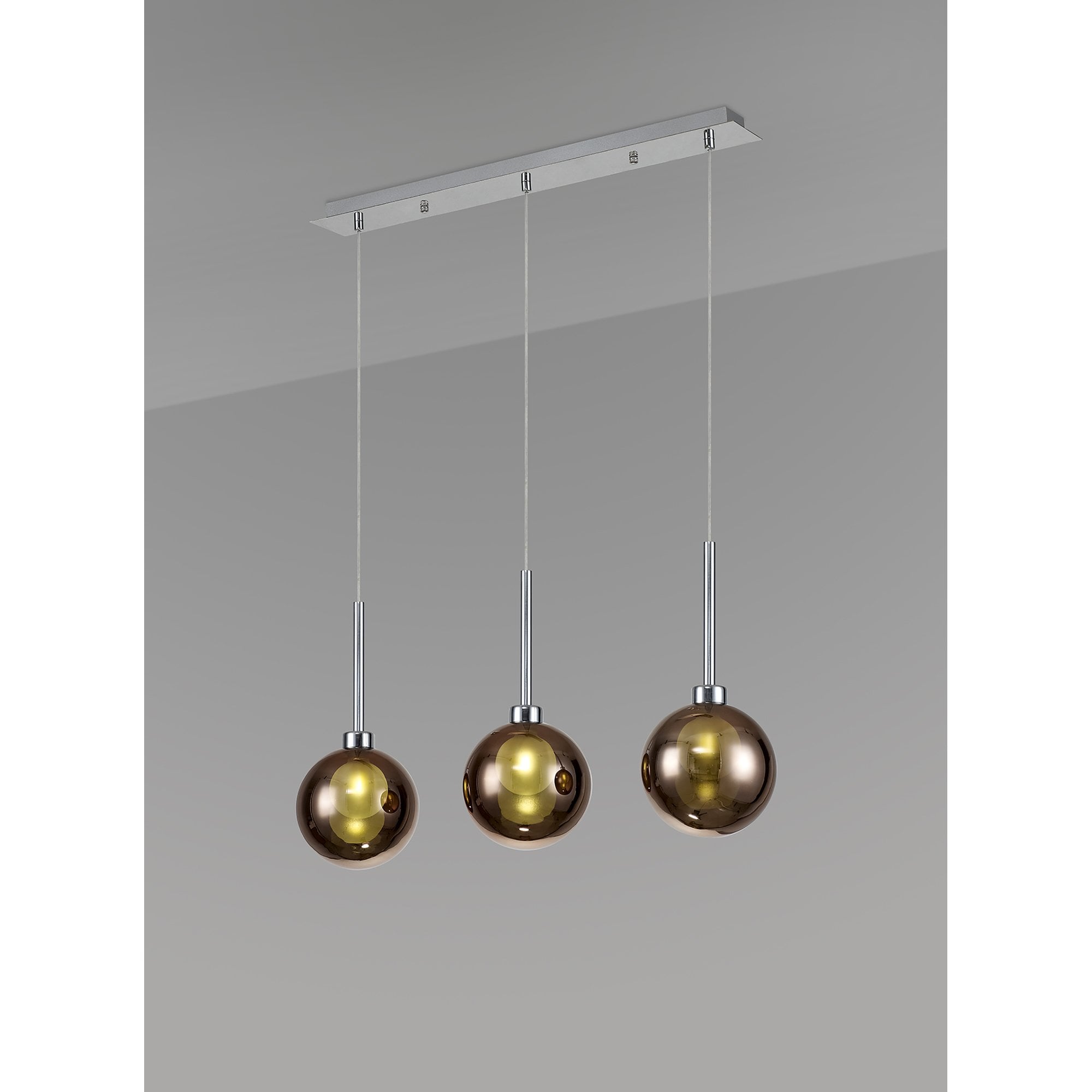 Fabula Tamworth 3 Light Linear Pendant - Round Shades with Inner Frosted Globes - Polished Chrome, Copper & Frosted Glass