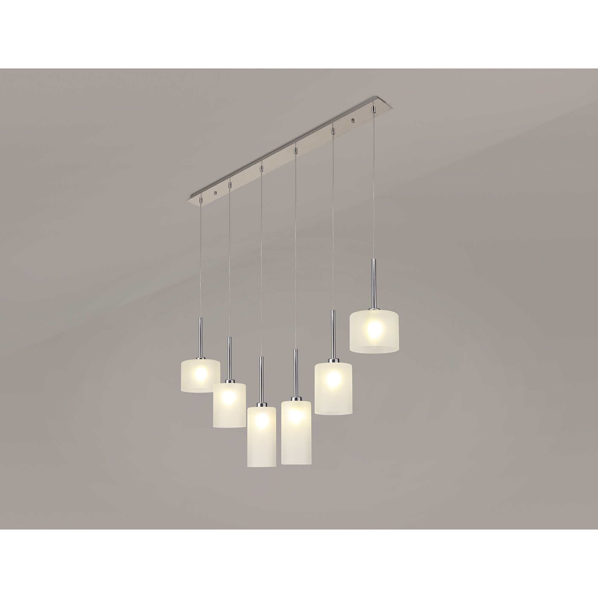 Fabula Tamworth 6 Light Linear Pendant - Mixed Cylinder Shades - Polished Chrome & Frosted Glass