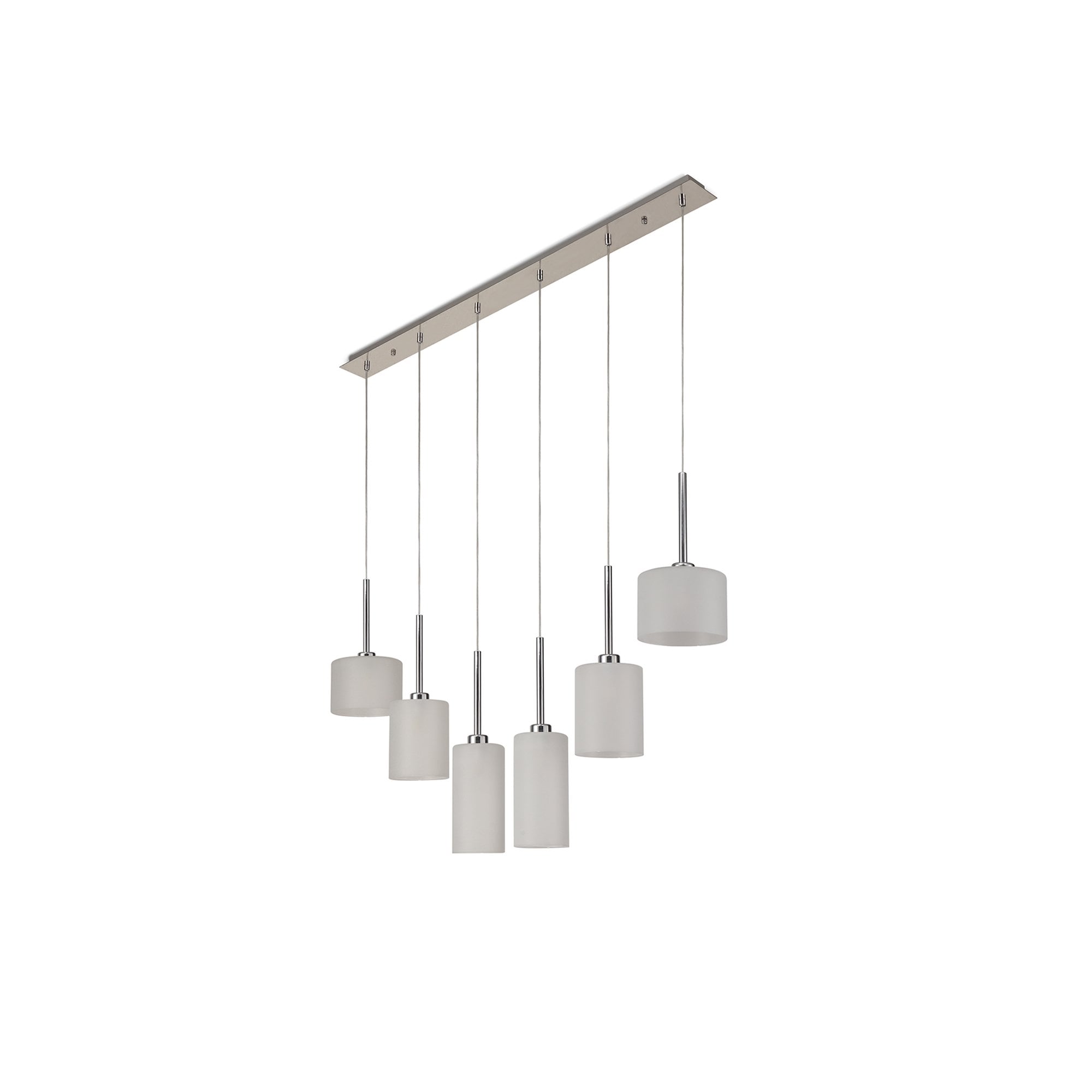 Fabula Tamworth 6 Light Linear Pendant - Mixed Cylinder Shades - Polished Chrome & Frosted Glass