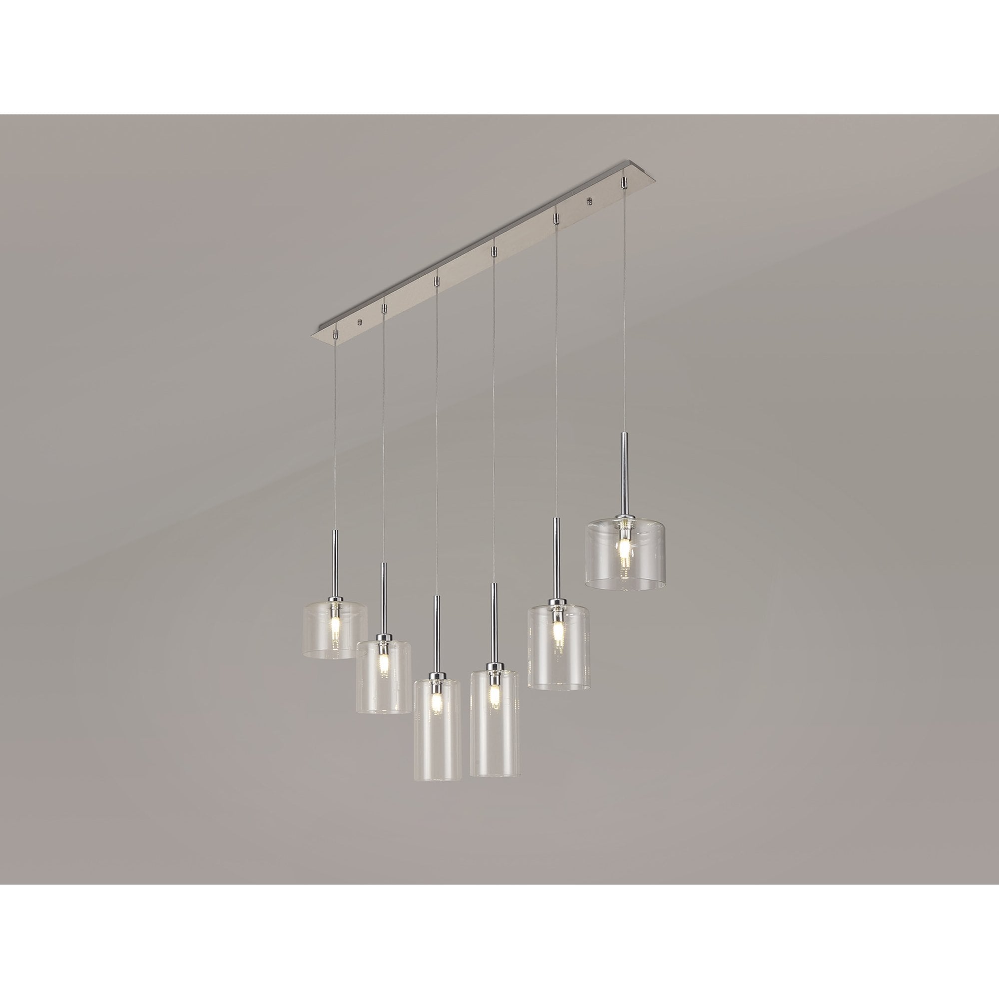 Fabula Tamworth 6 Light Linear Pendant - Mixed Cylinder Shades - Polished Chrome & Clear Glass