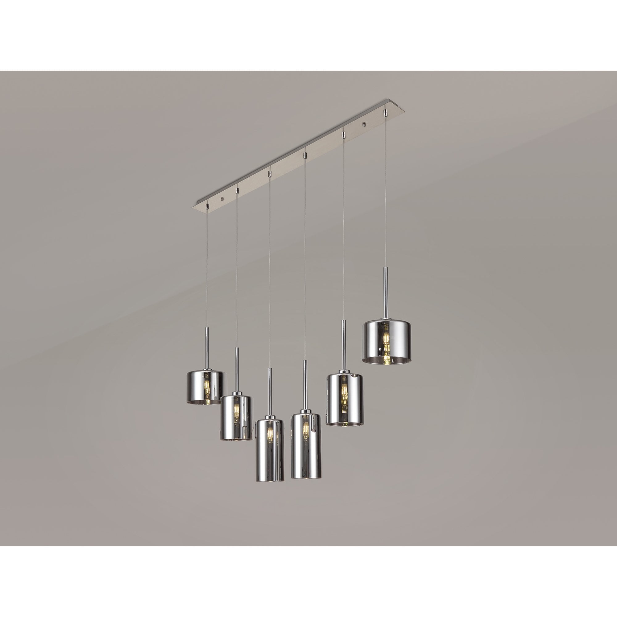 Fabula Tamworth 6 Light Linear Pendant - Mixed Cylinder Shades - Polished Chrome & Chrome Glass