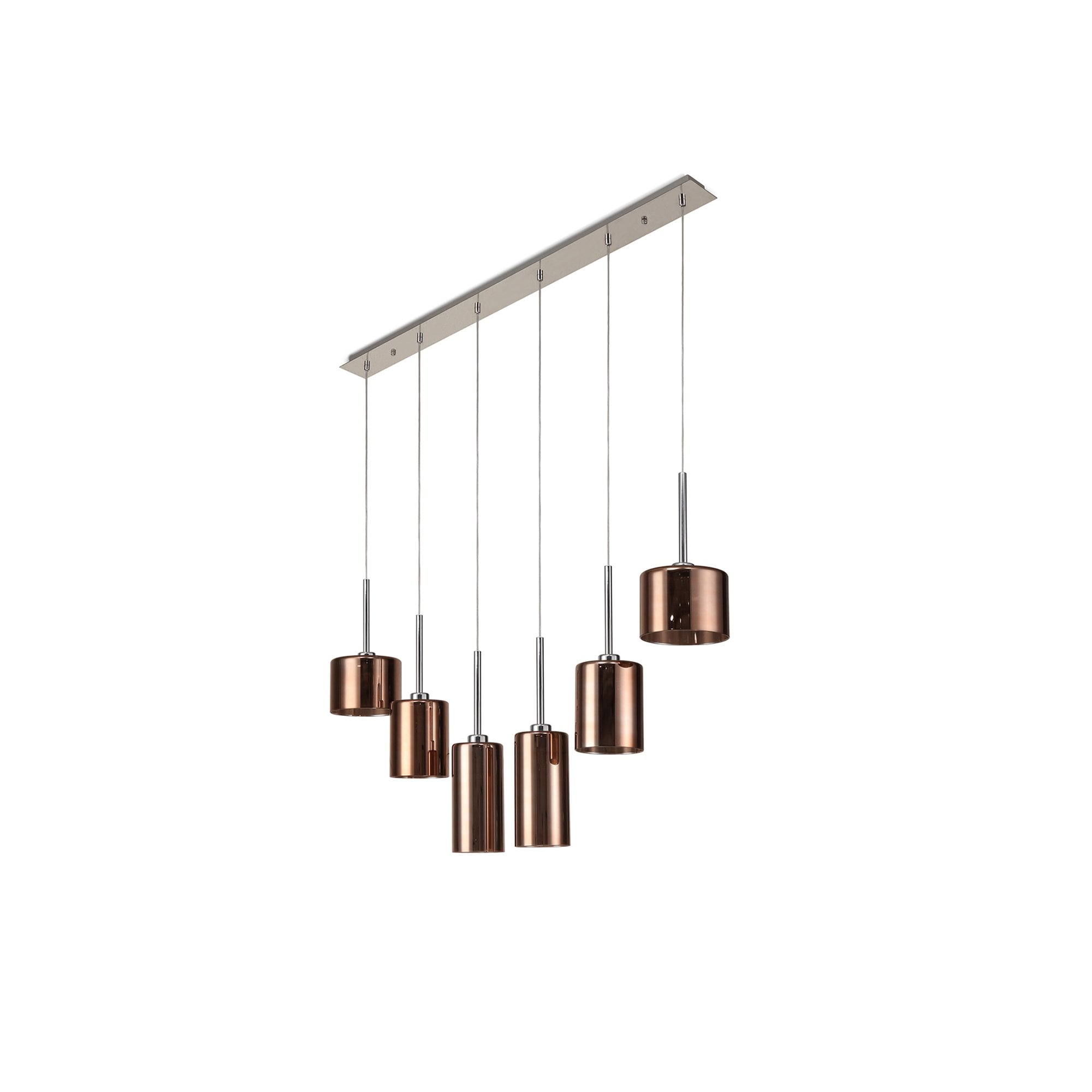 Fabula Tamworth 6 Light Linear Pendant - Mixed Cylinder Shades - Polished Chrome & Copper Glass