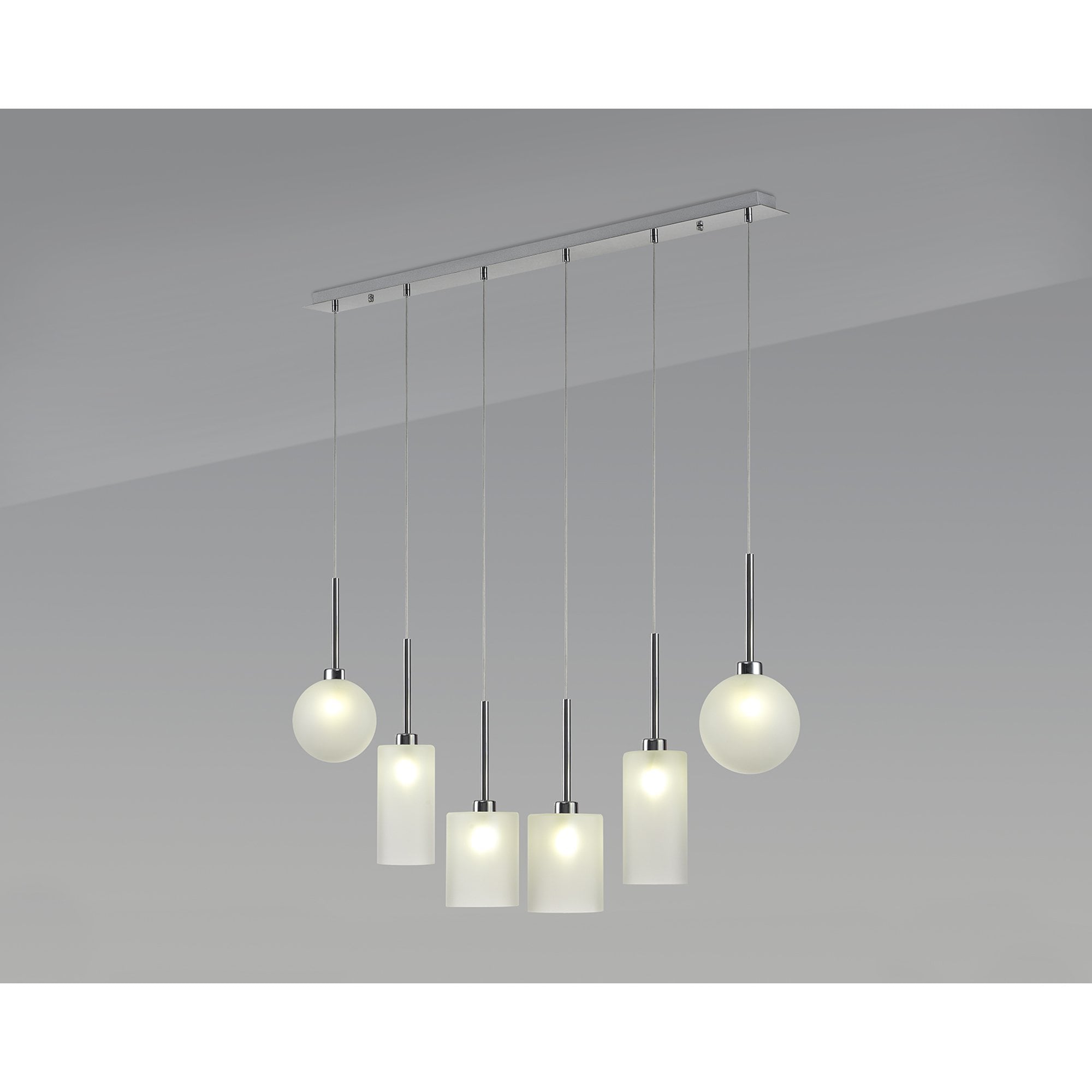 Fabula Tamworth 6 Light Linear Pendant - Mixed Shades D - Polished Chrome & Frosted Glass