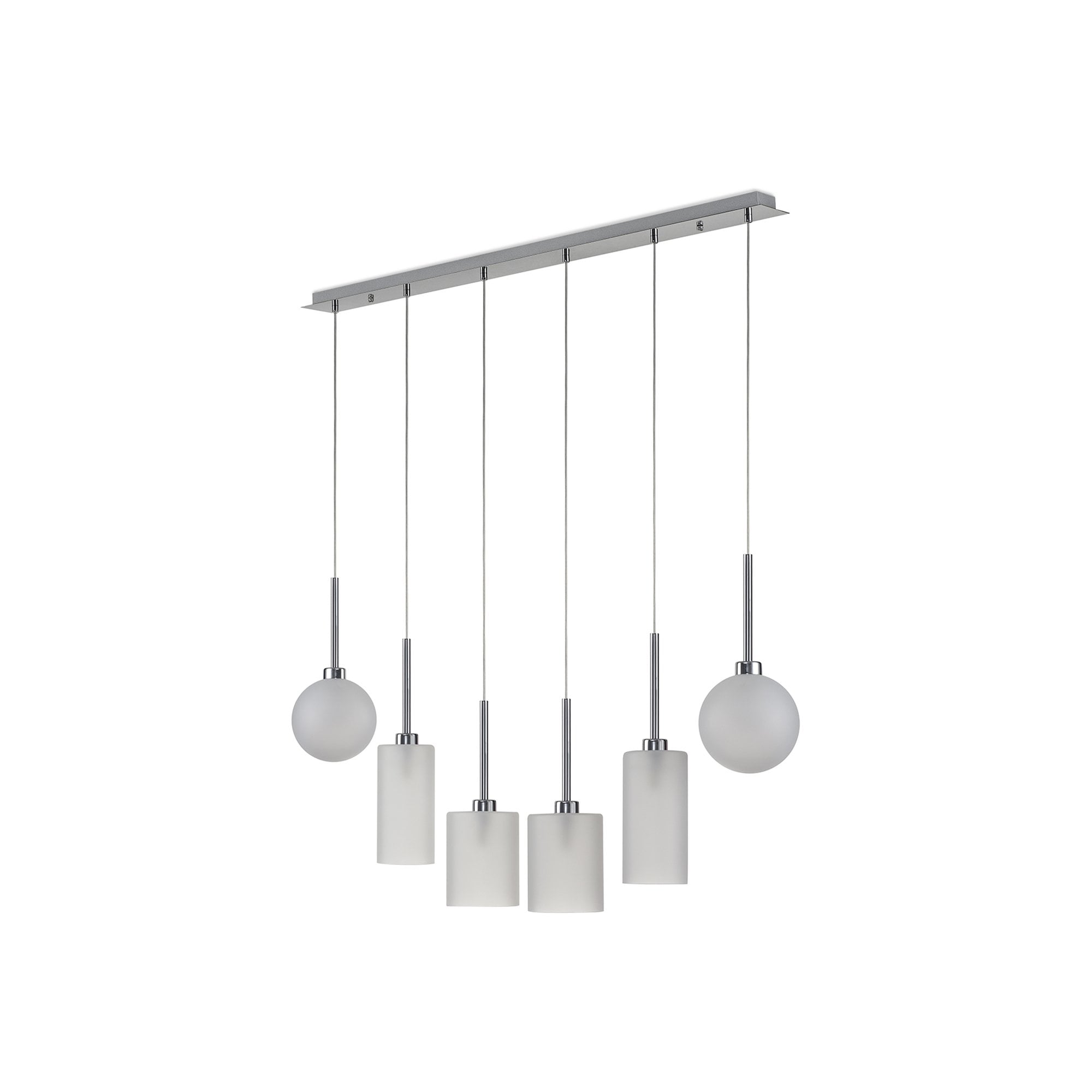 Fabula Tamworth 6 Light Linear Pendant - Mixed Shades D - Polished Chrome & Frosted Glass