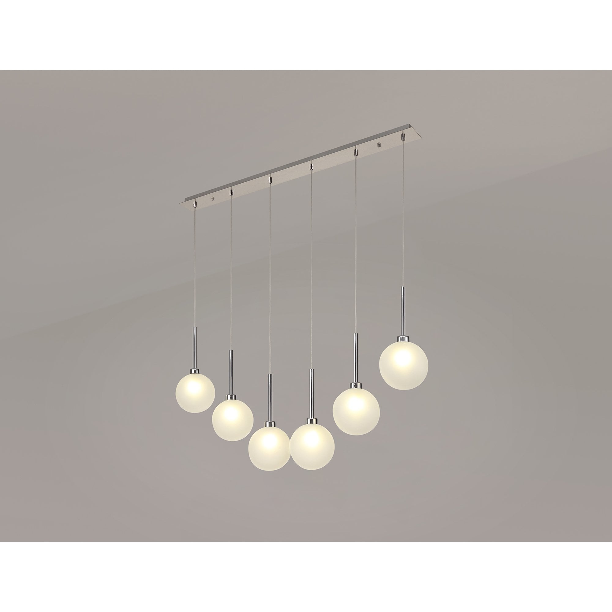 Fabula Tamworth 6 Light Linear Pendant - Round Shades with Inner Frosted Globes - Polished Chrome & Frosted Glass