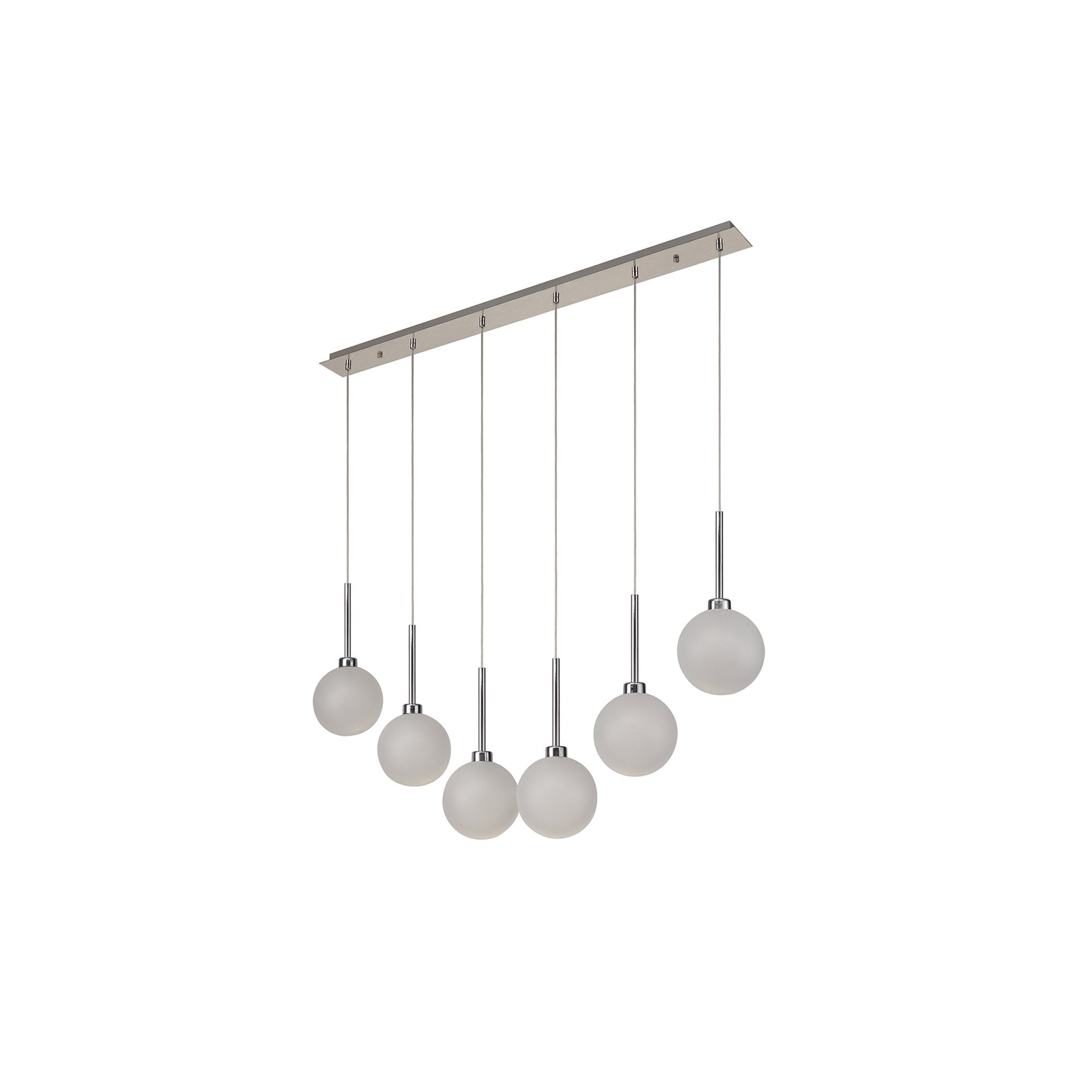 Fabula Tamworth 6 Light Linear Pendant - Round Shades with Inner Frosted Globes - Polished Chrome & Frosted Glass