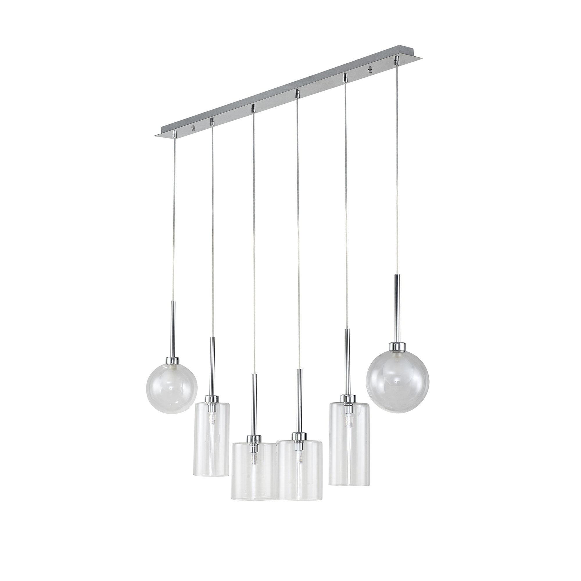 Fabula Tamworth 6 Light Linear Pendant - Mixed Shades D - Polished Chrome, Clear & Frosted Glass