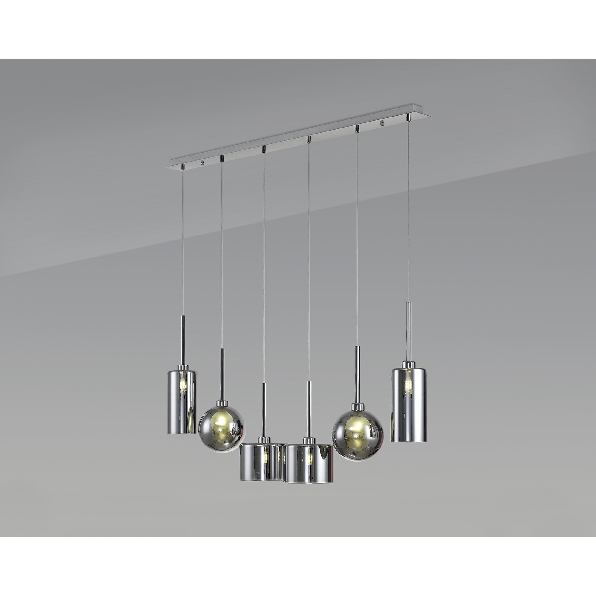 Fabula Tamworth 6 Light Linear Pendant - Mixed Shades E - Polished Chrome, Chrome & Frosted Glass