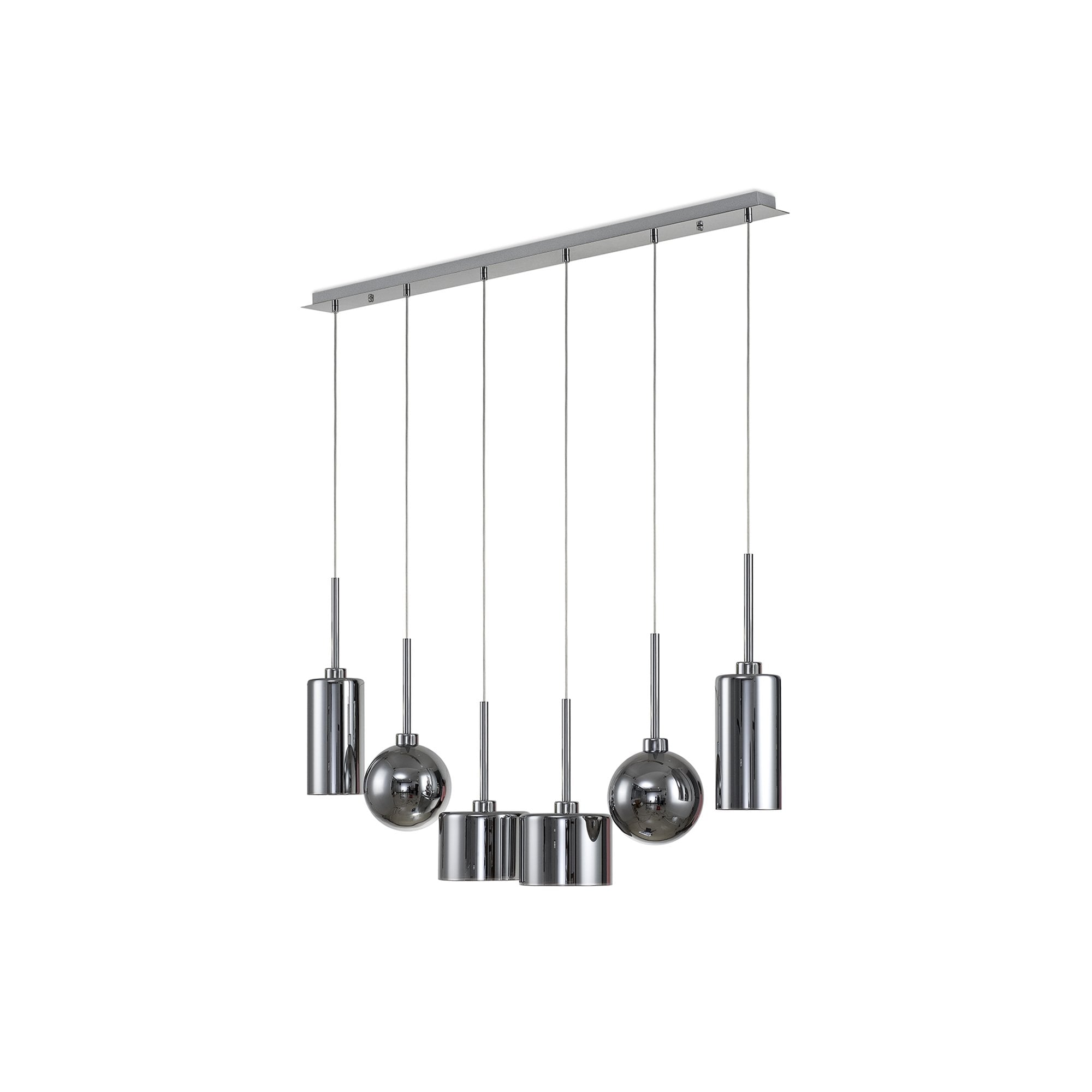 Fabula Tamworth 6 Light Linear Pendant - Mixed Shades E - Polished Chrome, Chrome & Frosted Glass
