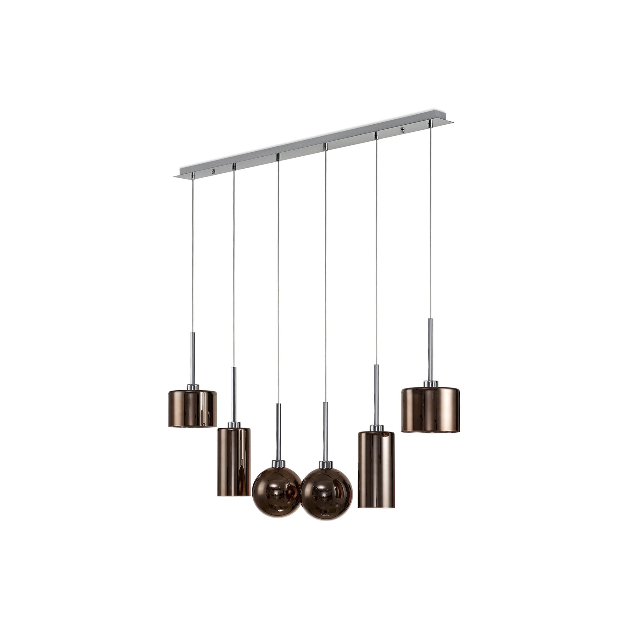 Fabula Tamworth 6 Light Linear Pendant - Mixed Shades E - Polished Chrome, Copper & Frosted Glass
