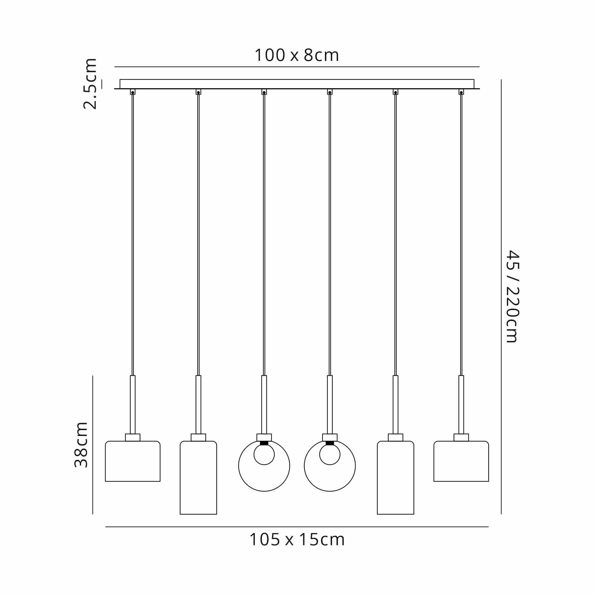 Fabula Tamworth 6 Light Linear Pendant - Mixed Shades E - Polished Chrome, Copper & Frosted Glass