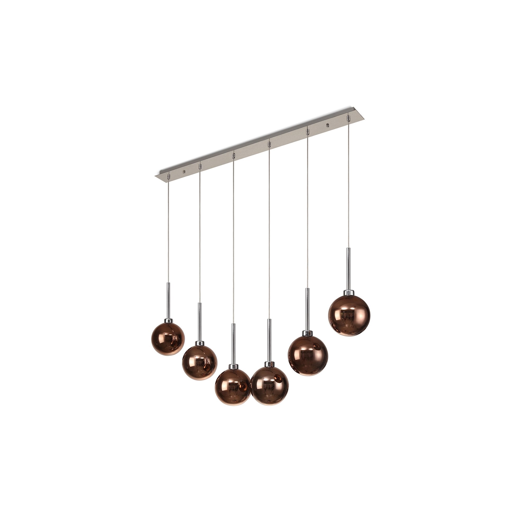 Fabula Tamworth 6 Light Linear Pendant - Round Shades with Inner Frosted Globes - Polished Chrome, Copper & Frosted Glass