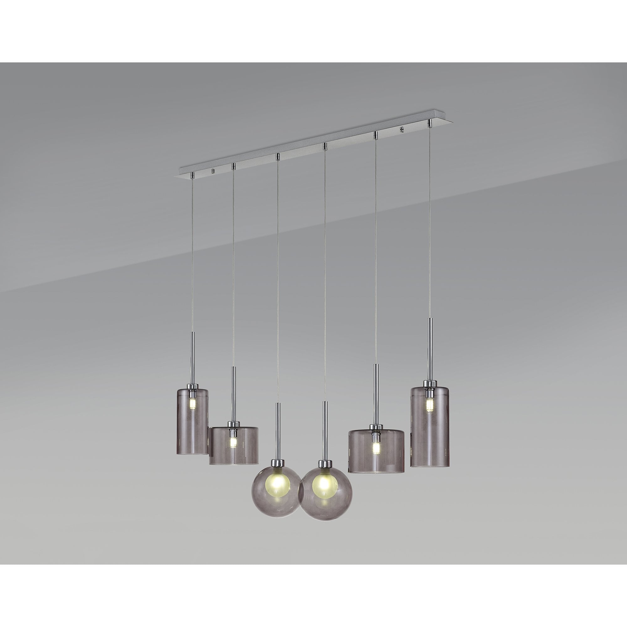 Fabula Tamworth 6 Light Linear Pendant - Mixed Shades E - Polished Chrome, Smoked & Frosted Glass