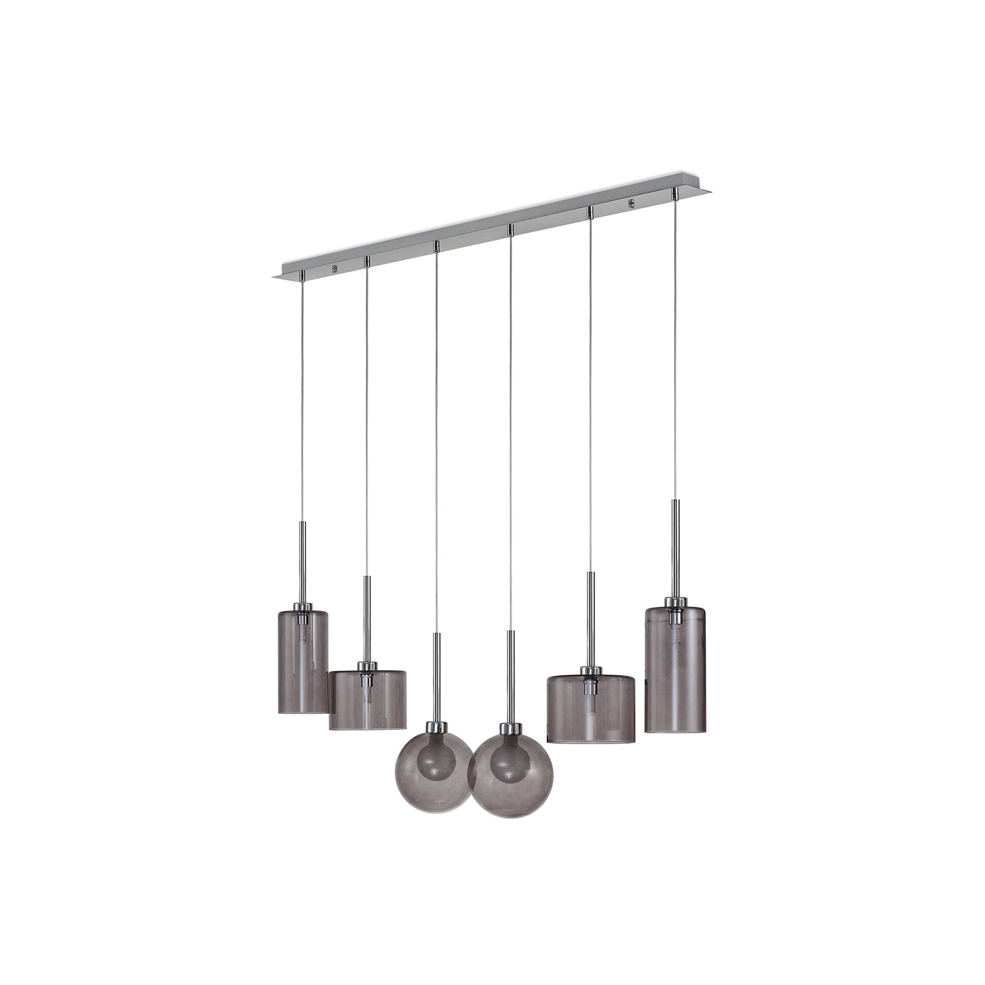 Fabula Tamworth 6 Light Linear Pendant - Mixed Shades E - Polished Chrome, Smoked & Frosted Glass