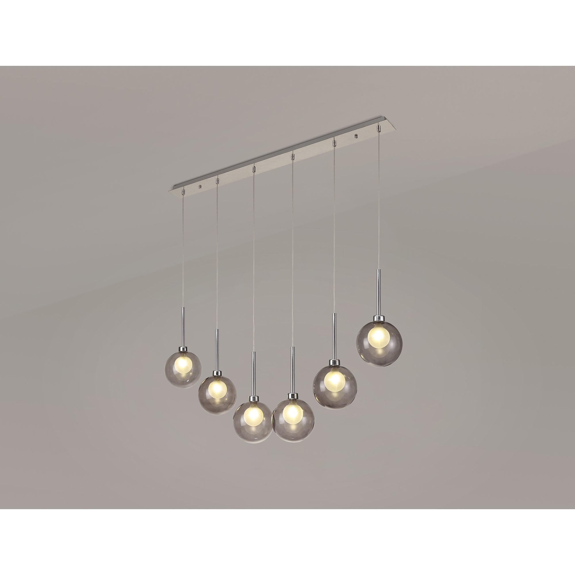 Fabula Tamworth 6 Light Linear Pendant - Round Shades with Inner Frosted Globes - Polished Chrome, Smoked & Frosted Glass