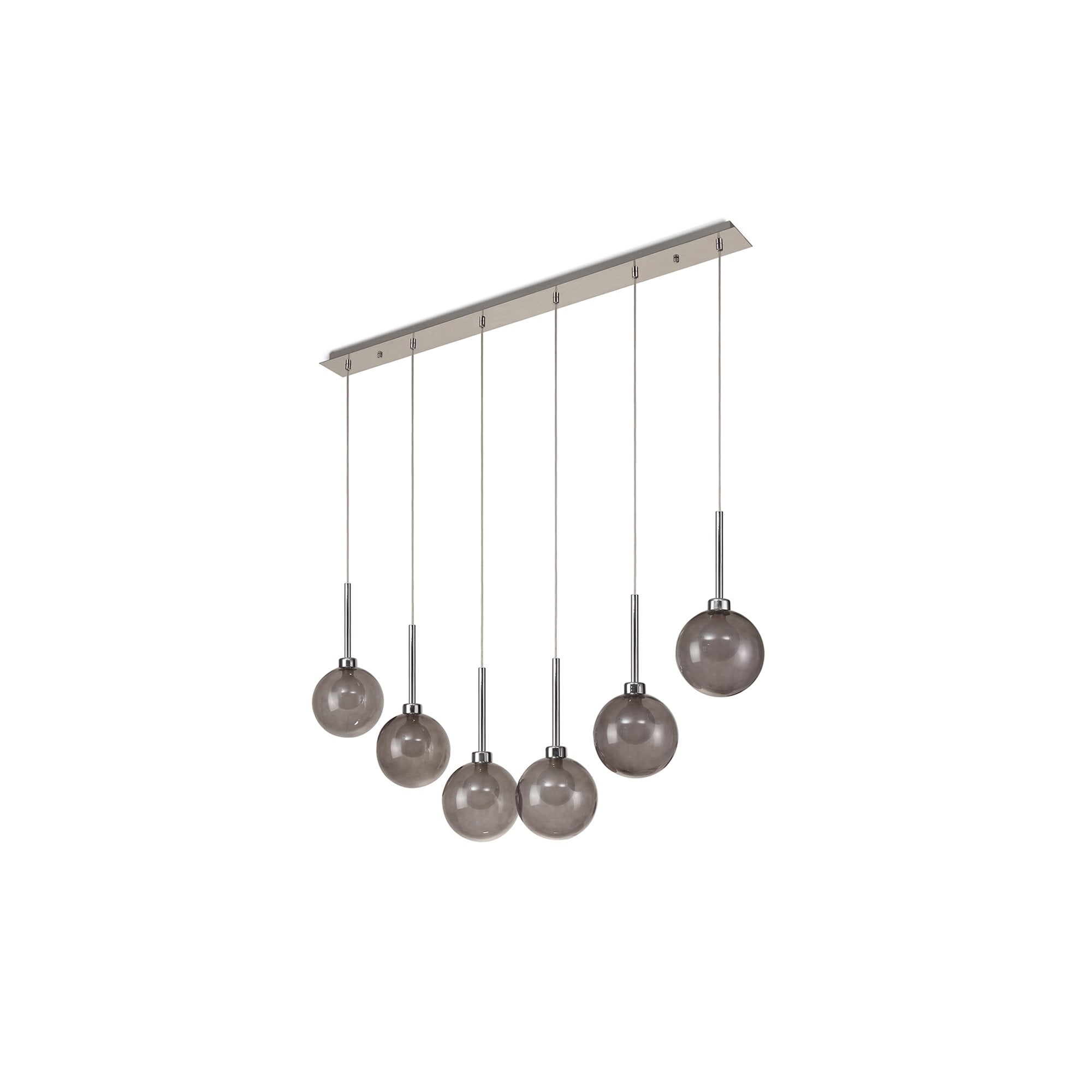 Fabula Tamworth 6 Light Linear Pendant - Round Shades with Inner Frosted Globes - Polished Chrome, Smoked & Frosted Glass