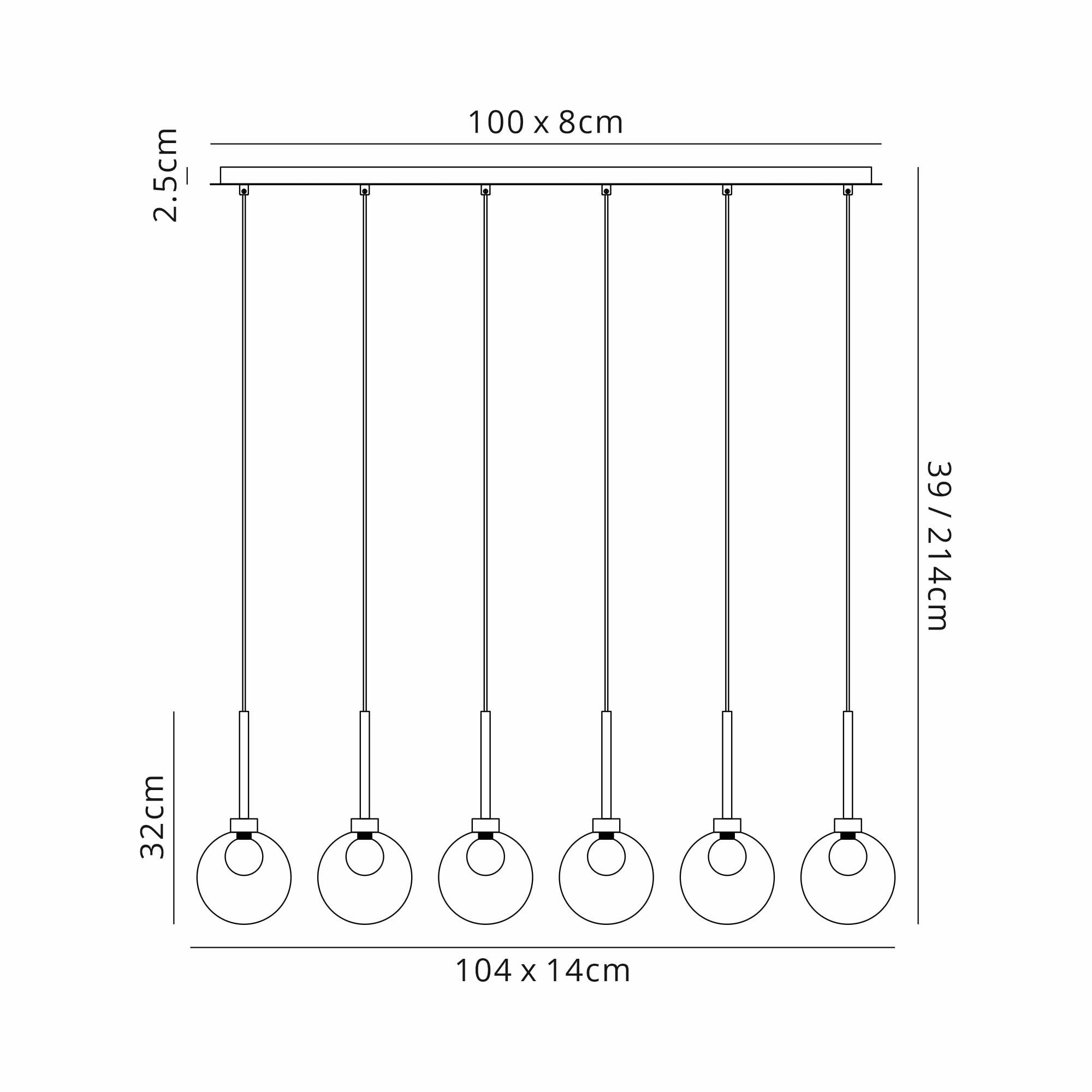 Fabula Tamworth 6 Light Linear Pendant - Round Shades with Inner Frosted Globes - Polished Chrome, Smoked & Frosted Glass